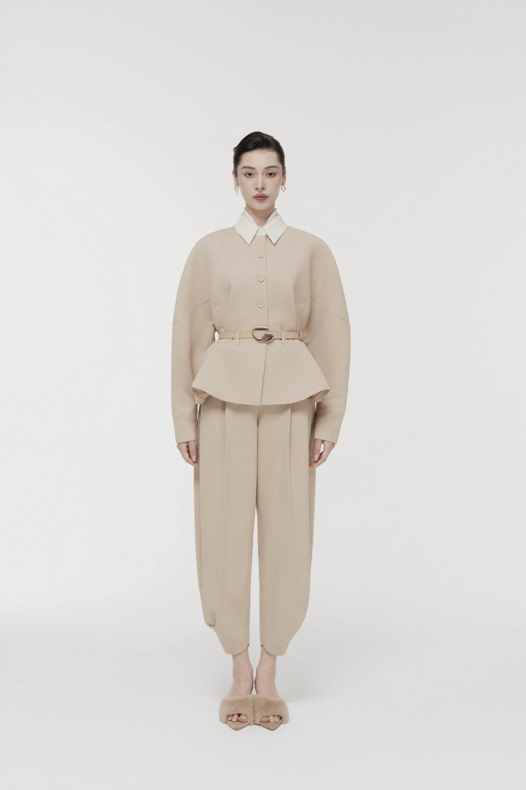 Quilted Structure Short Jacket & Pants in Hazelnut