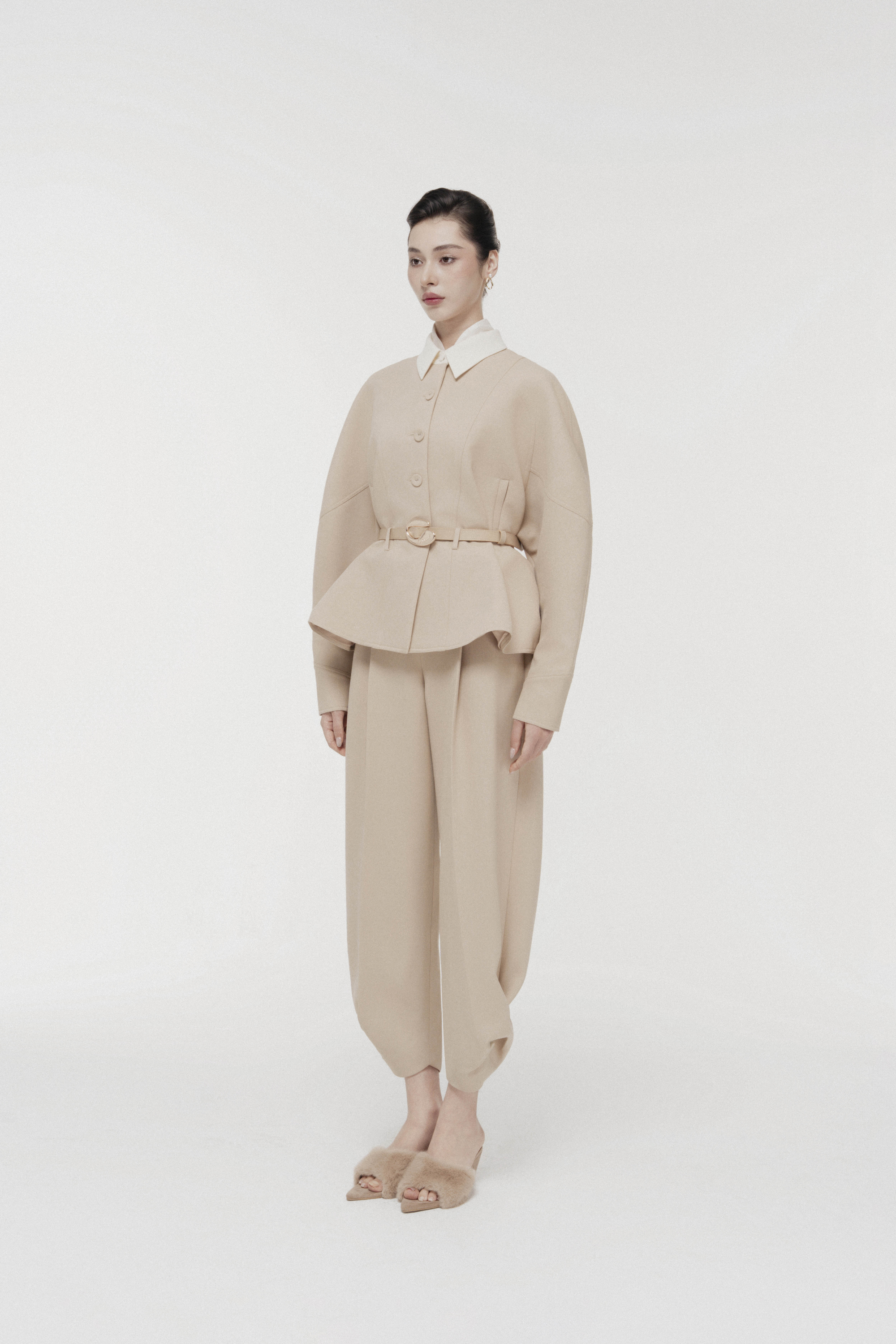 Quilted Structure Short Jacket & Pants in Hazelnut