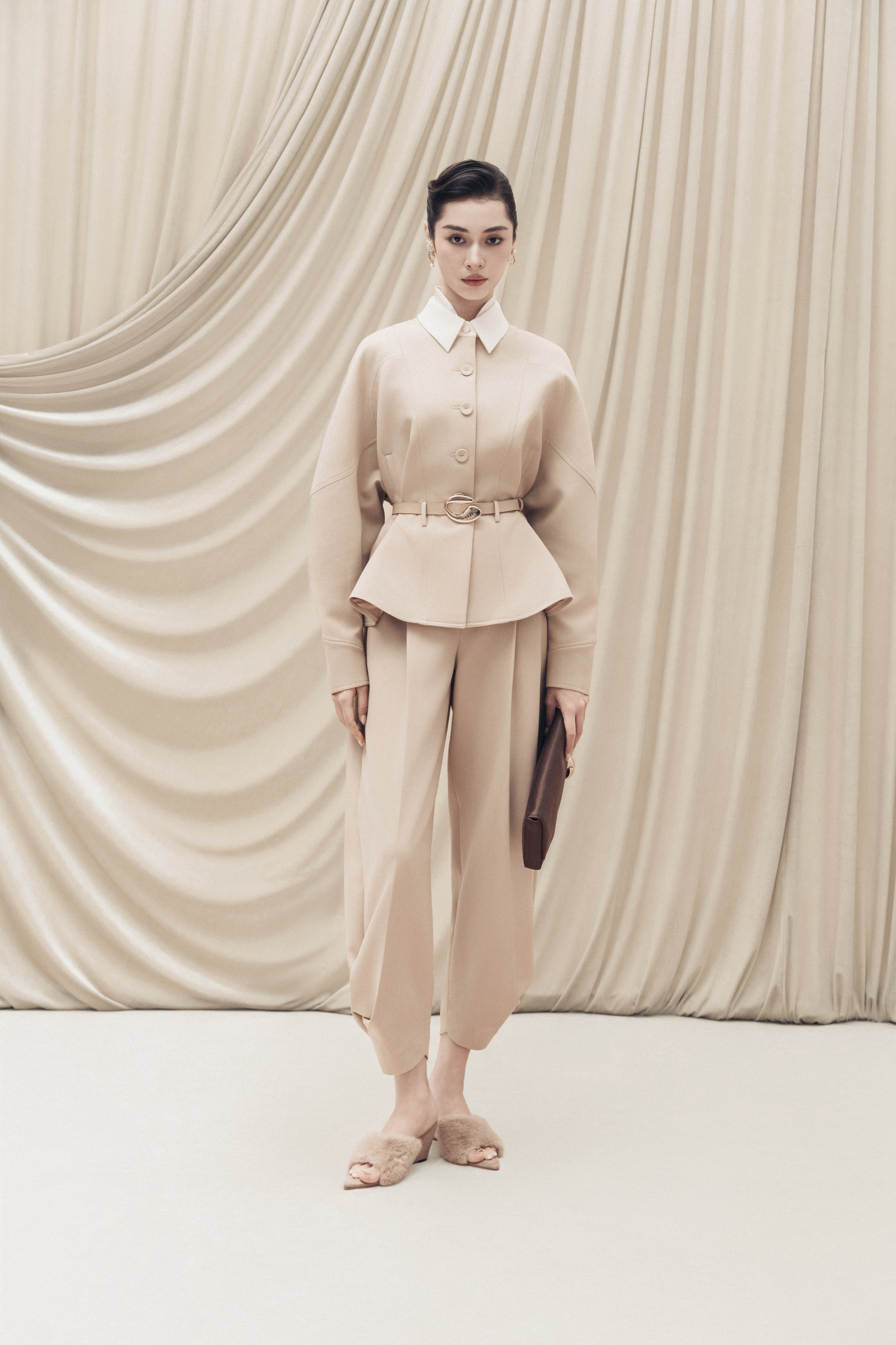 Quilted Structure Short Jacket & Pants in Hazelnut