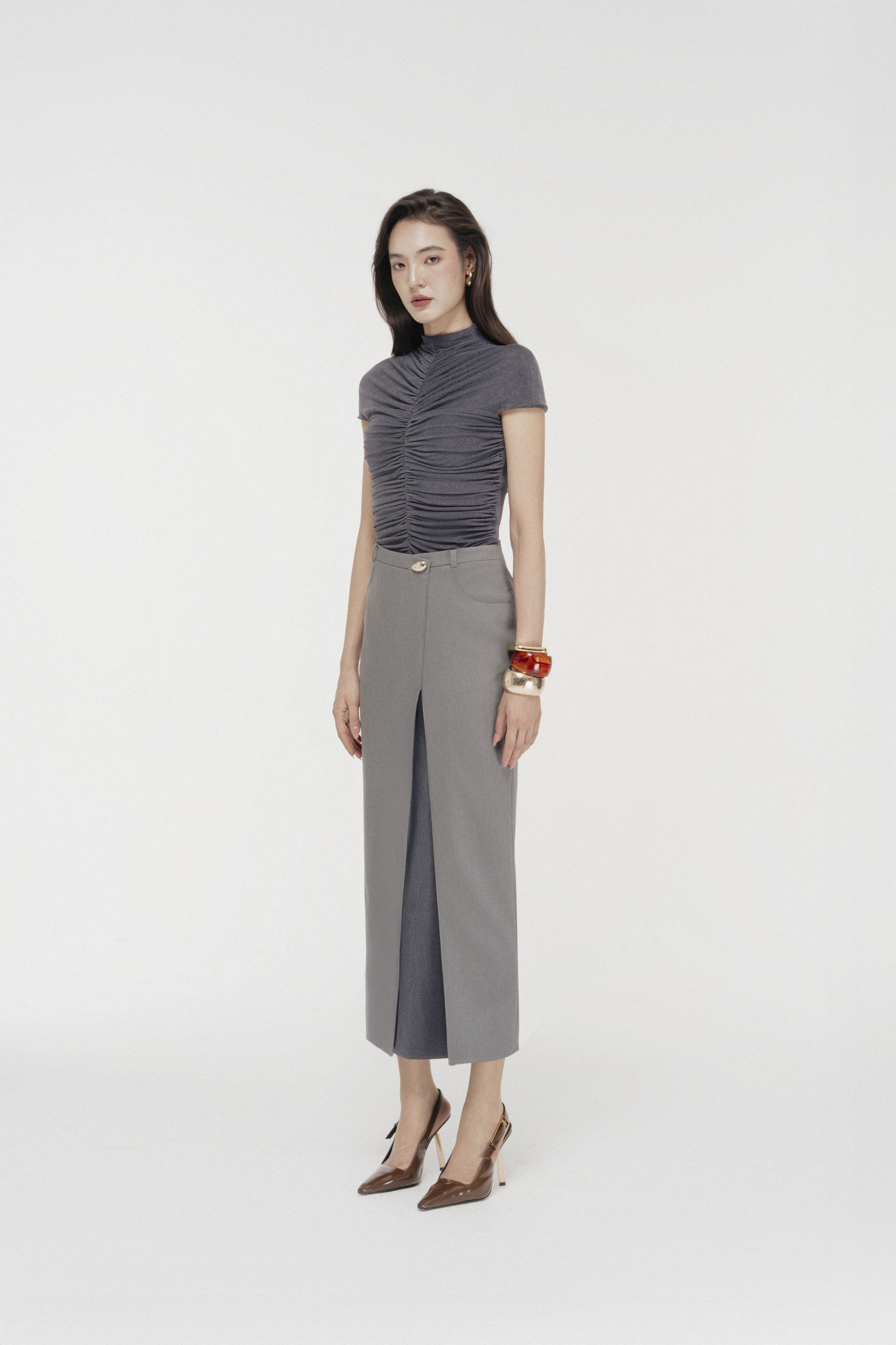 Folded-Slit Sculpted Pencil Skirt