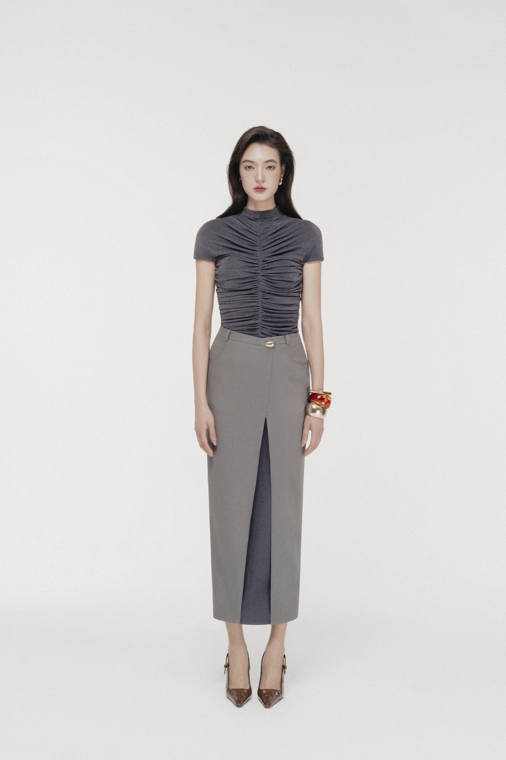 Folded-Slit Sculpted Pencil Skirt