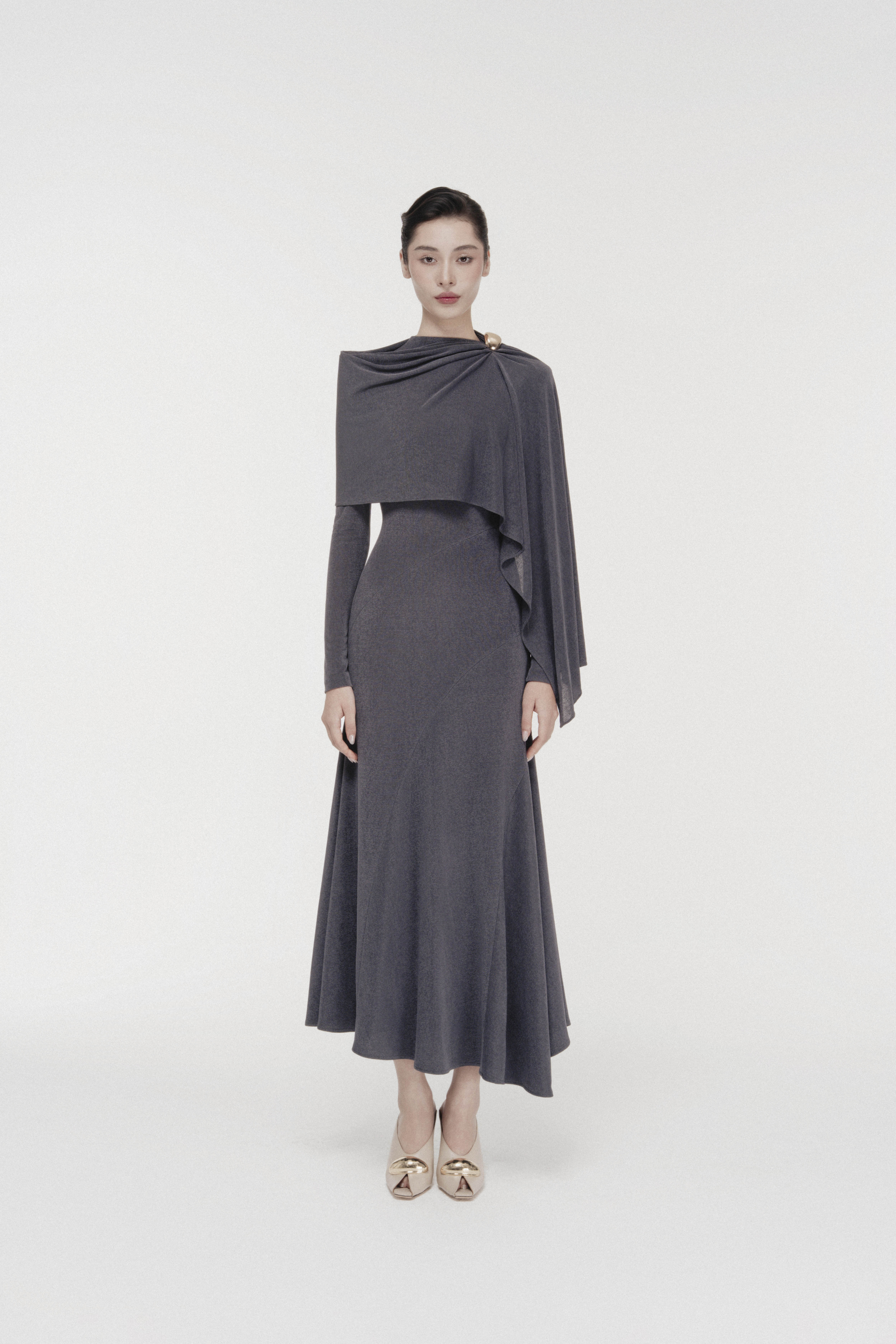 Sculpted High-Neck Fishtail Midi in Bezel