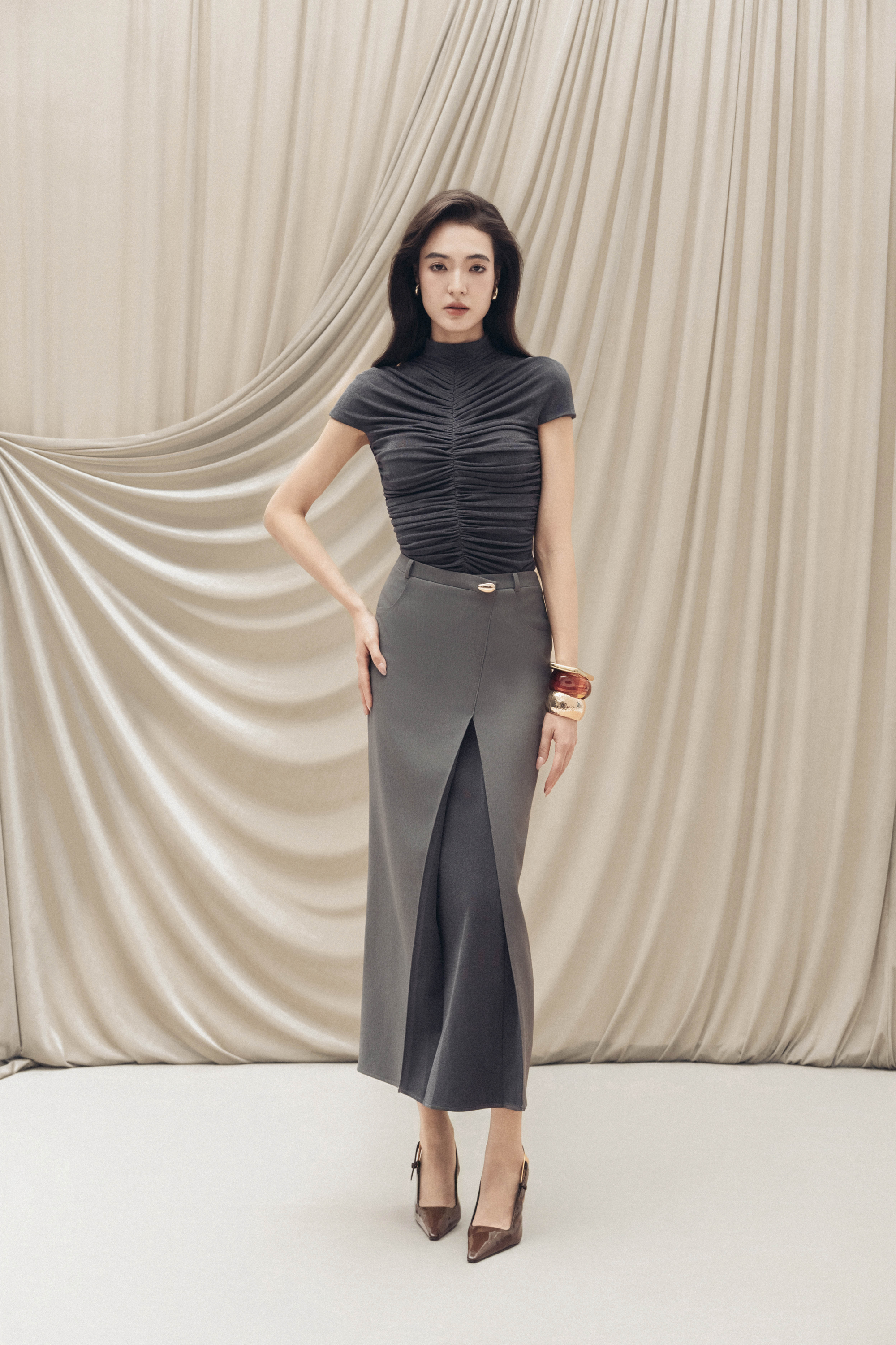 Solstice Cropped Jacket Top & Skirt in Monument x Bezel