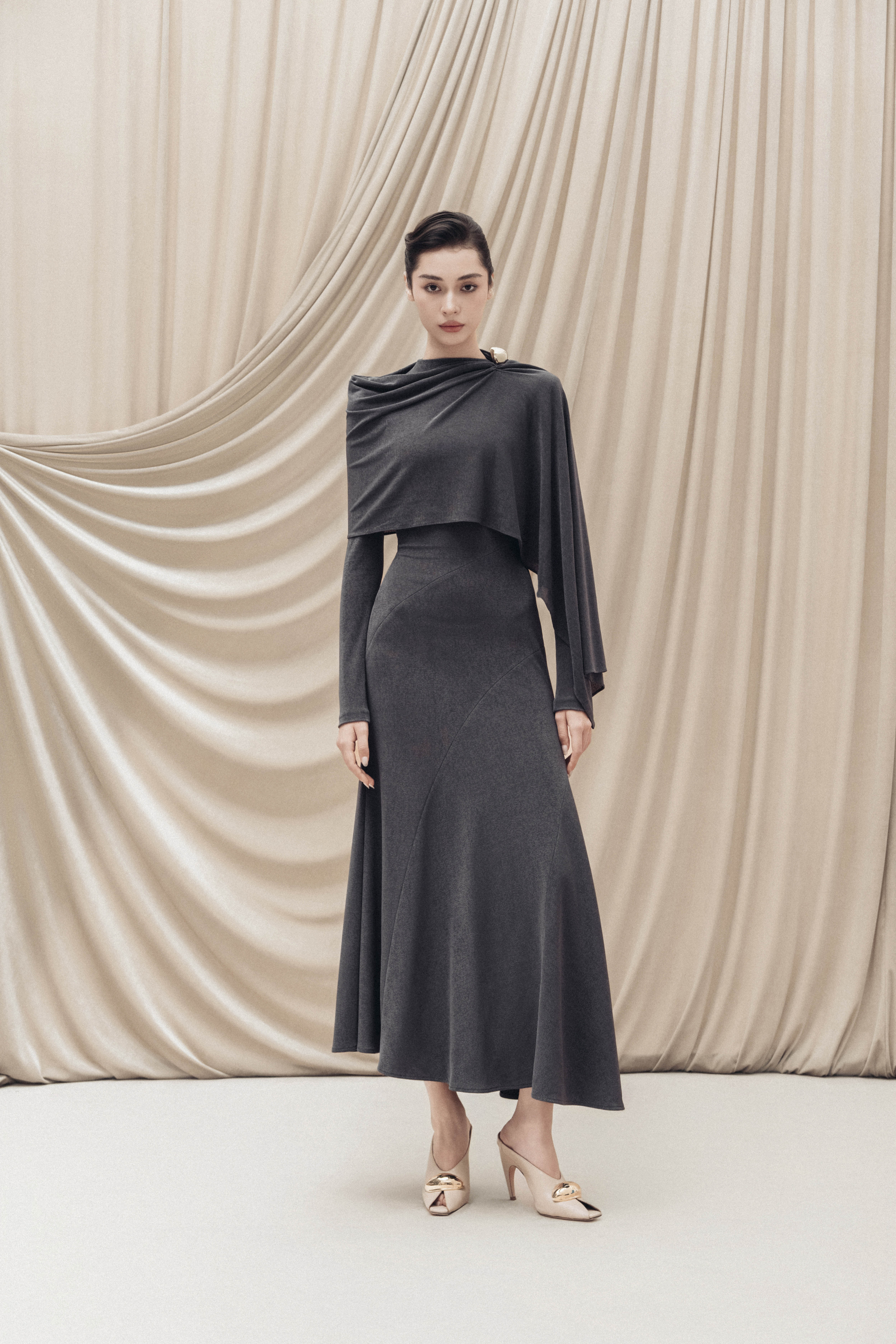 Sculpted High-Neck Fishtail Midi in Bezel