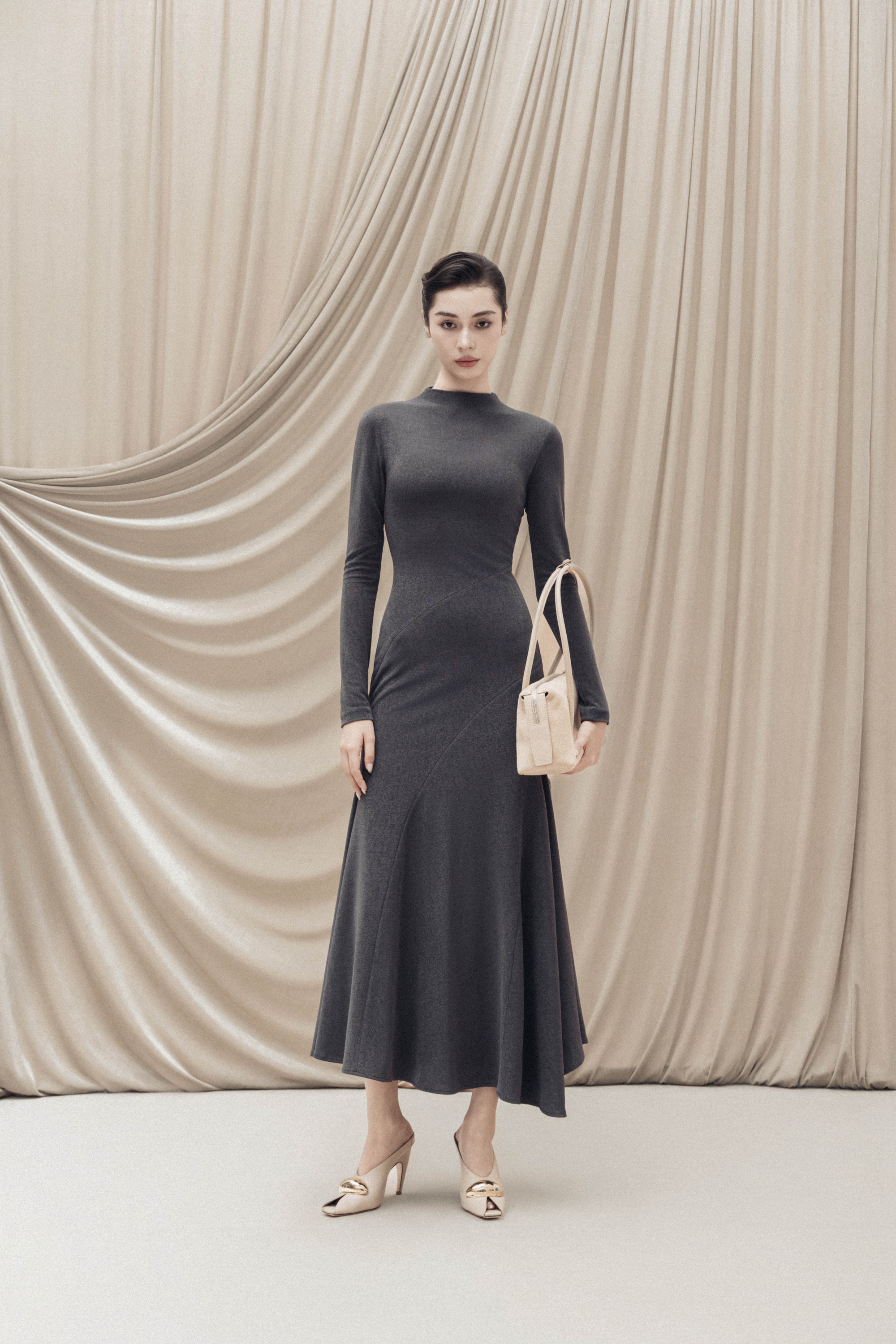 Sculpted High-Neck Fishtail Midi in Bezel