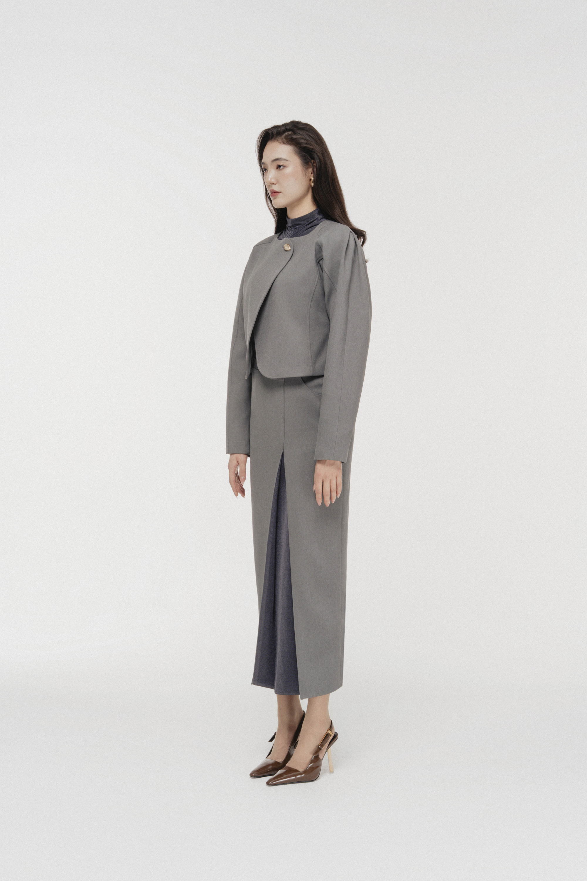 Solstice Cropped Jacket Top & Skirt in Monument x Bezel