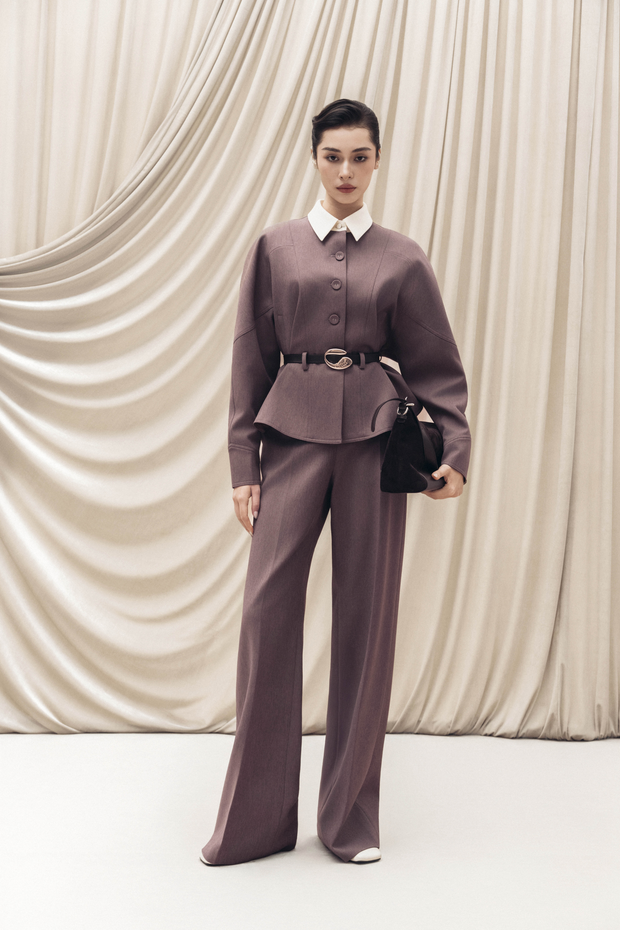 Quilted Structure Short Jacket & Leg Trousers in Rose Taupe