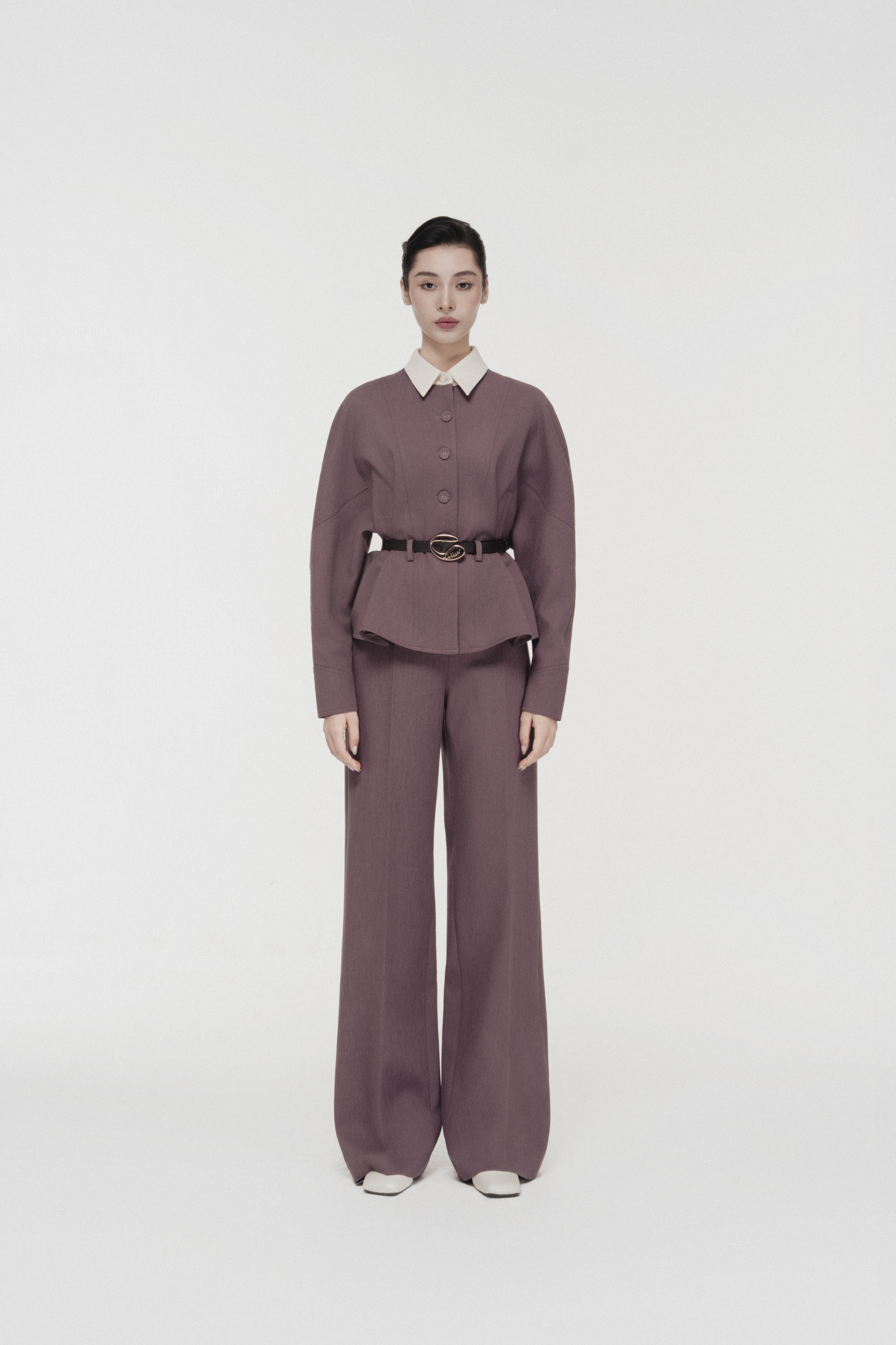 Quilted Structure Short Jacket & Leg Trousers in Rose Taupe