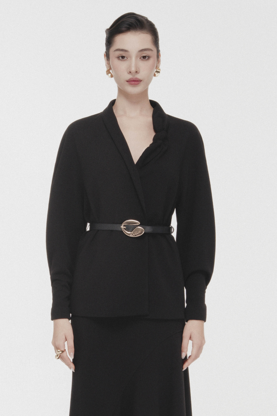 Asymmetric Bow Wrap Coat in Black