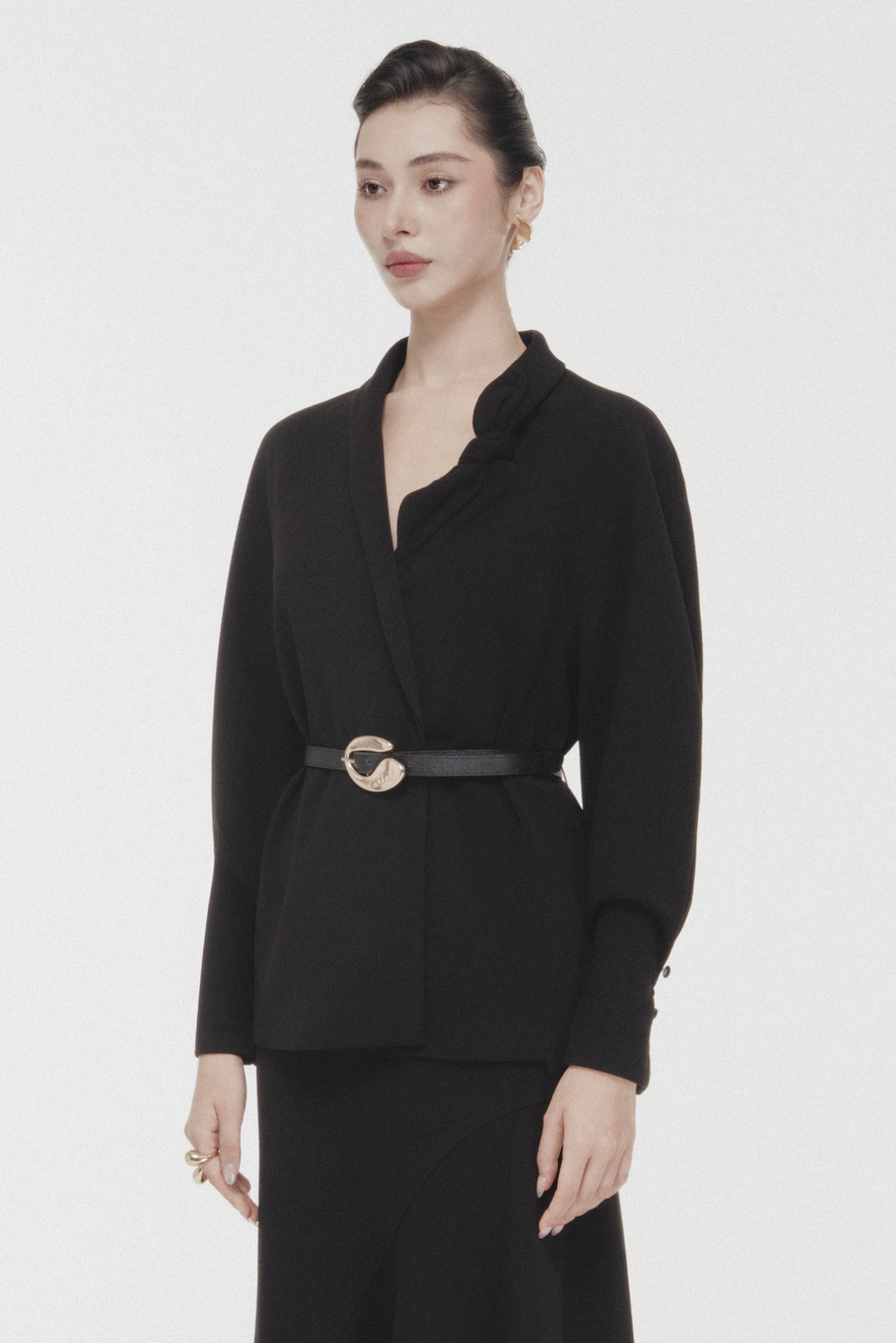 Asymmetric Bow Wrap Coat in Black