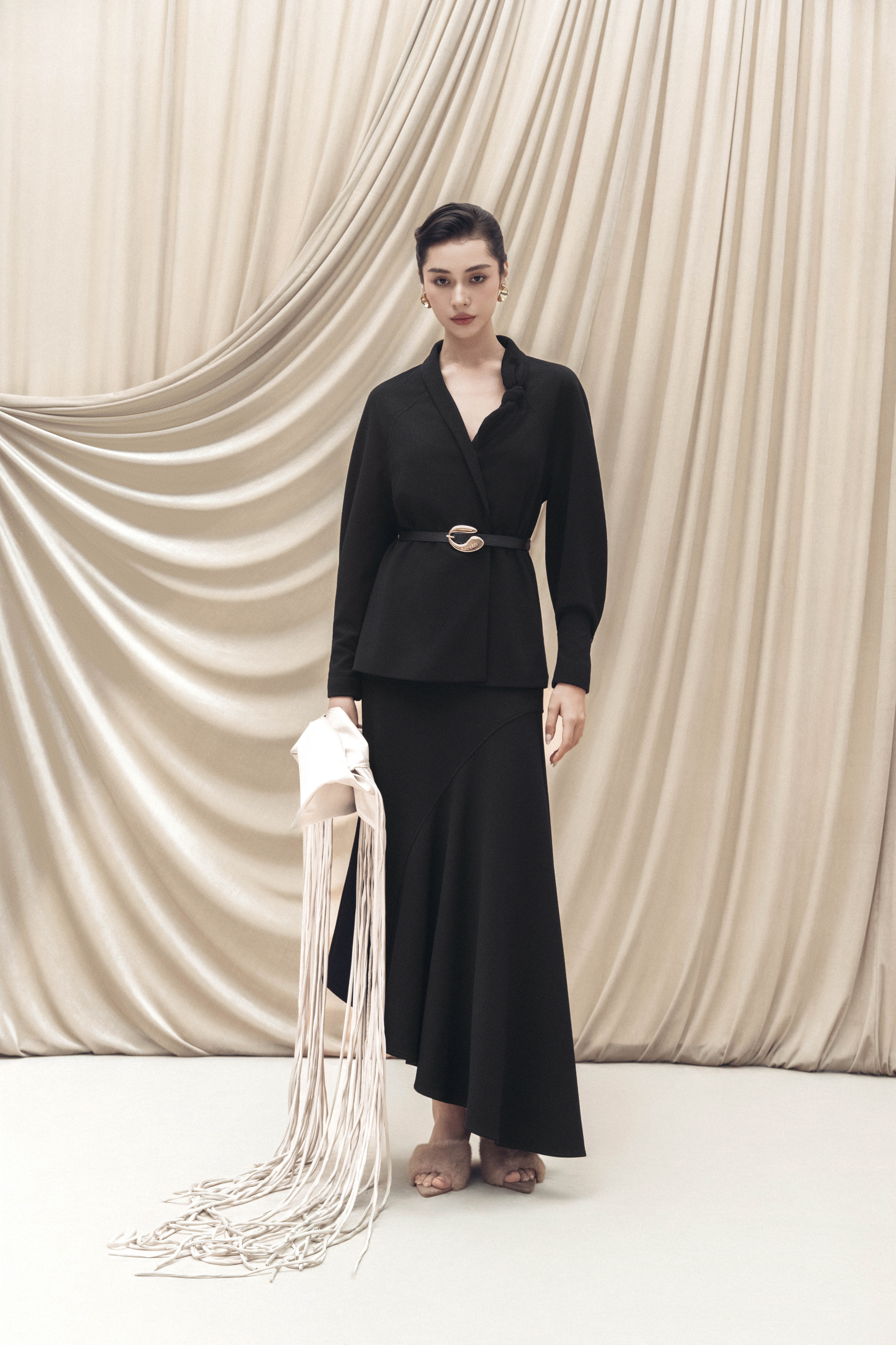 Asymmetric Bow Wrap Coat & Cut Midi Skirt in Black