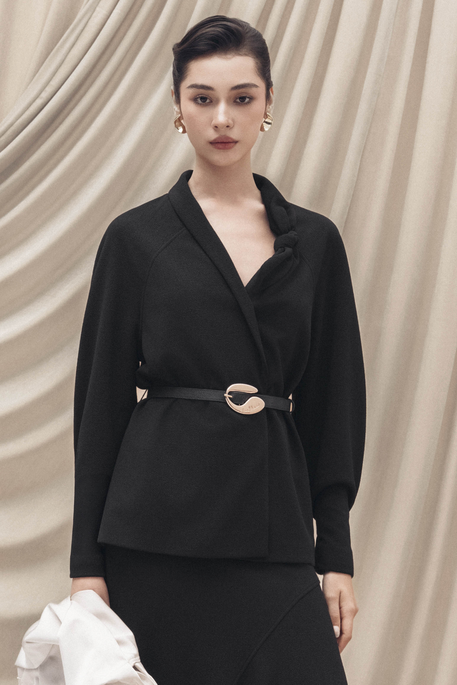 Asymmetric Bow Wrap Coat in Black