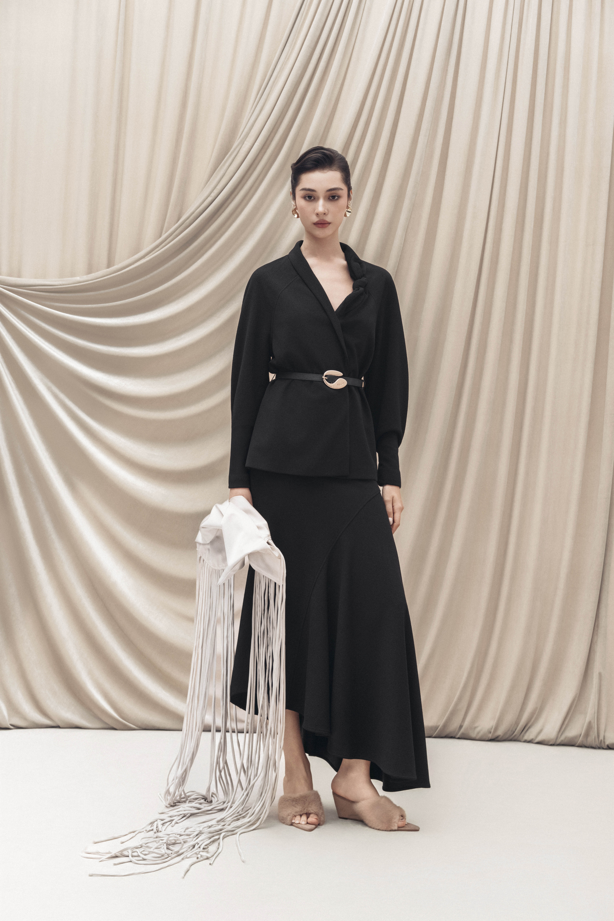 Asymmetric Bow Wrap Coat & Cut Midi Skirt in Black