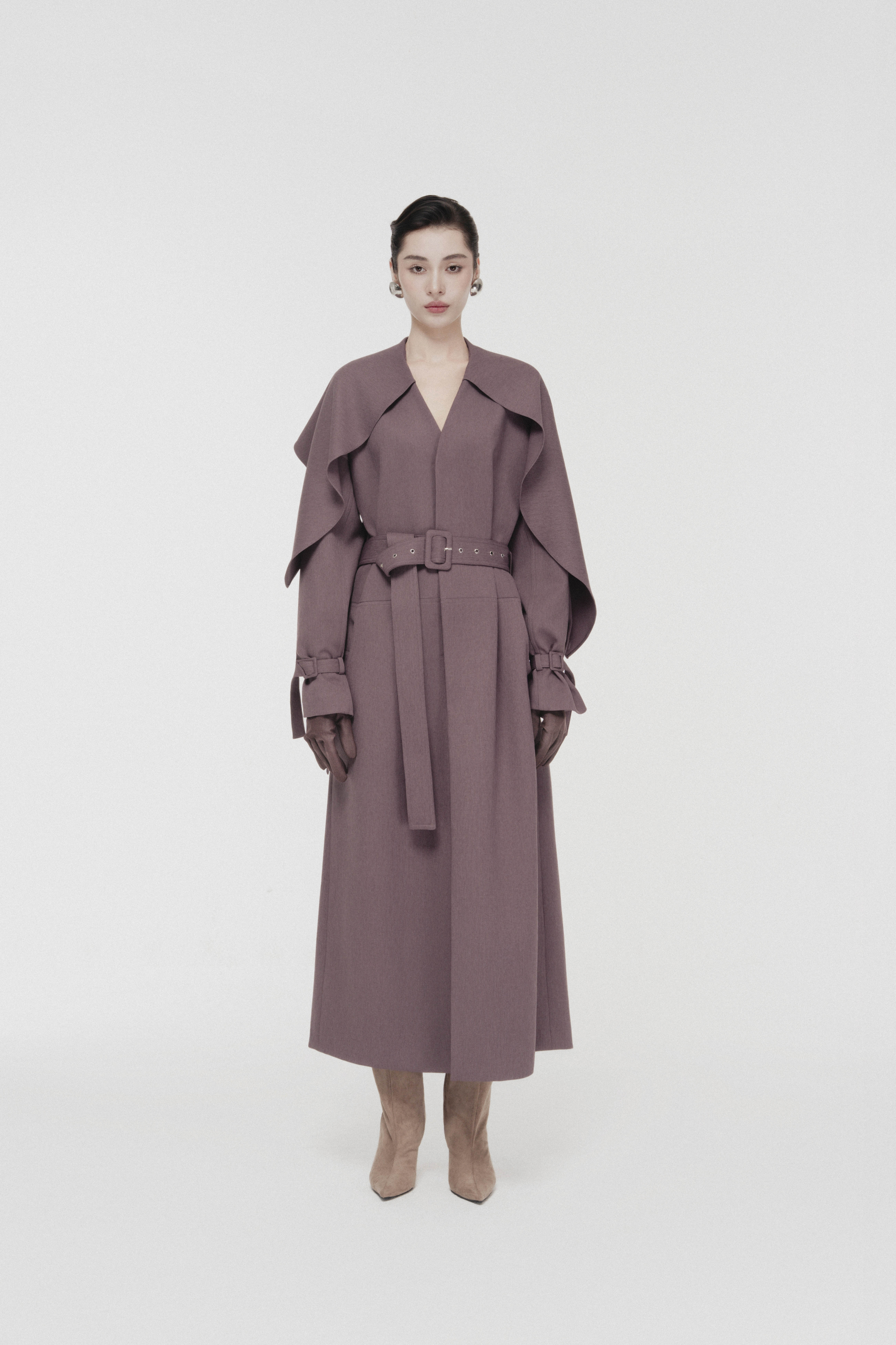 Cape-Collar Structured Trench Coat in Rose Taupe