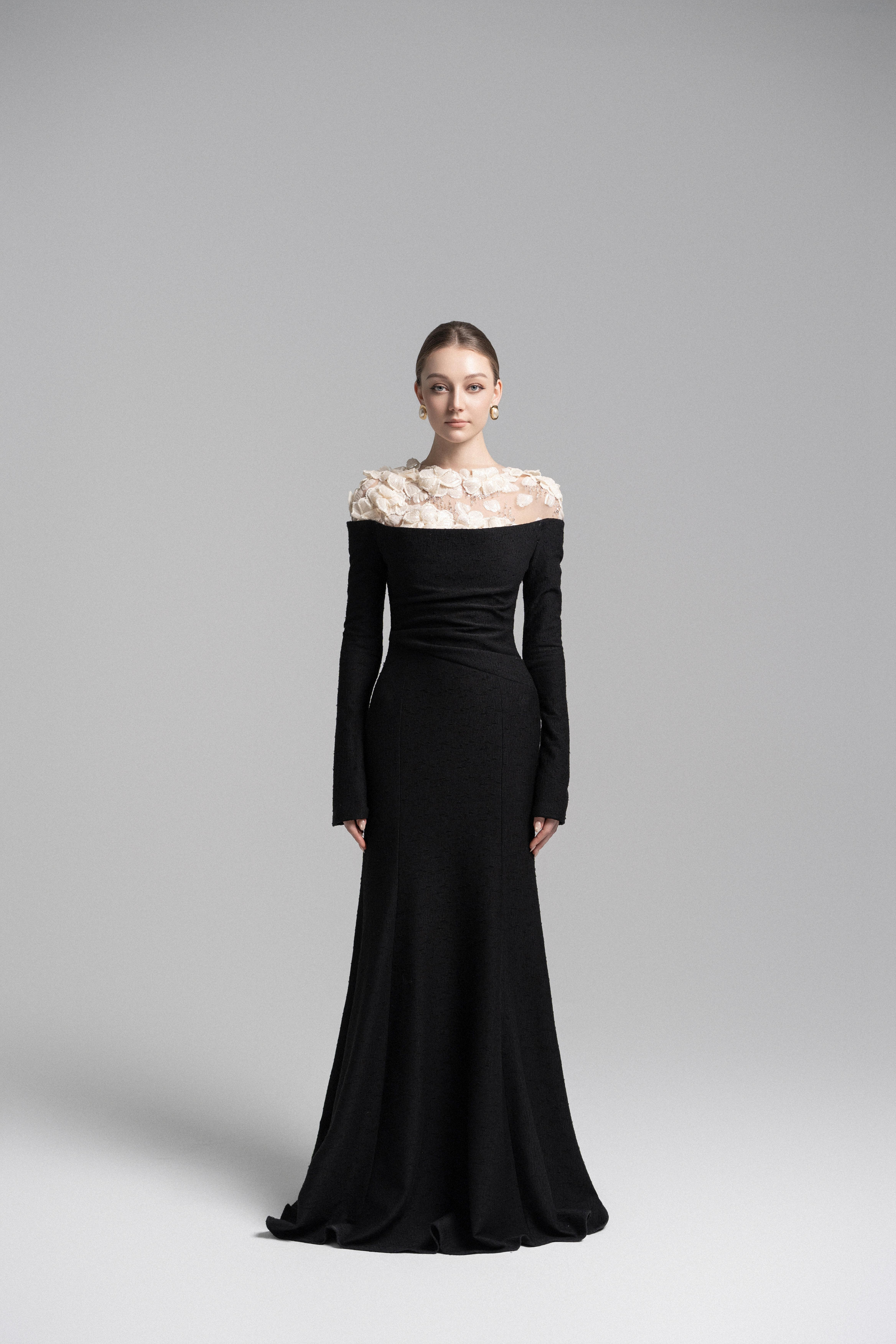 Celestia Draped Crystal Midi Dress in Black VL1018