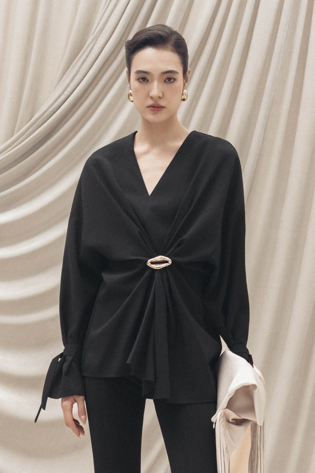Ring-Gathered Draped Top in Black