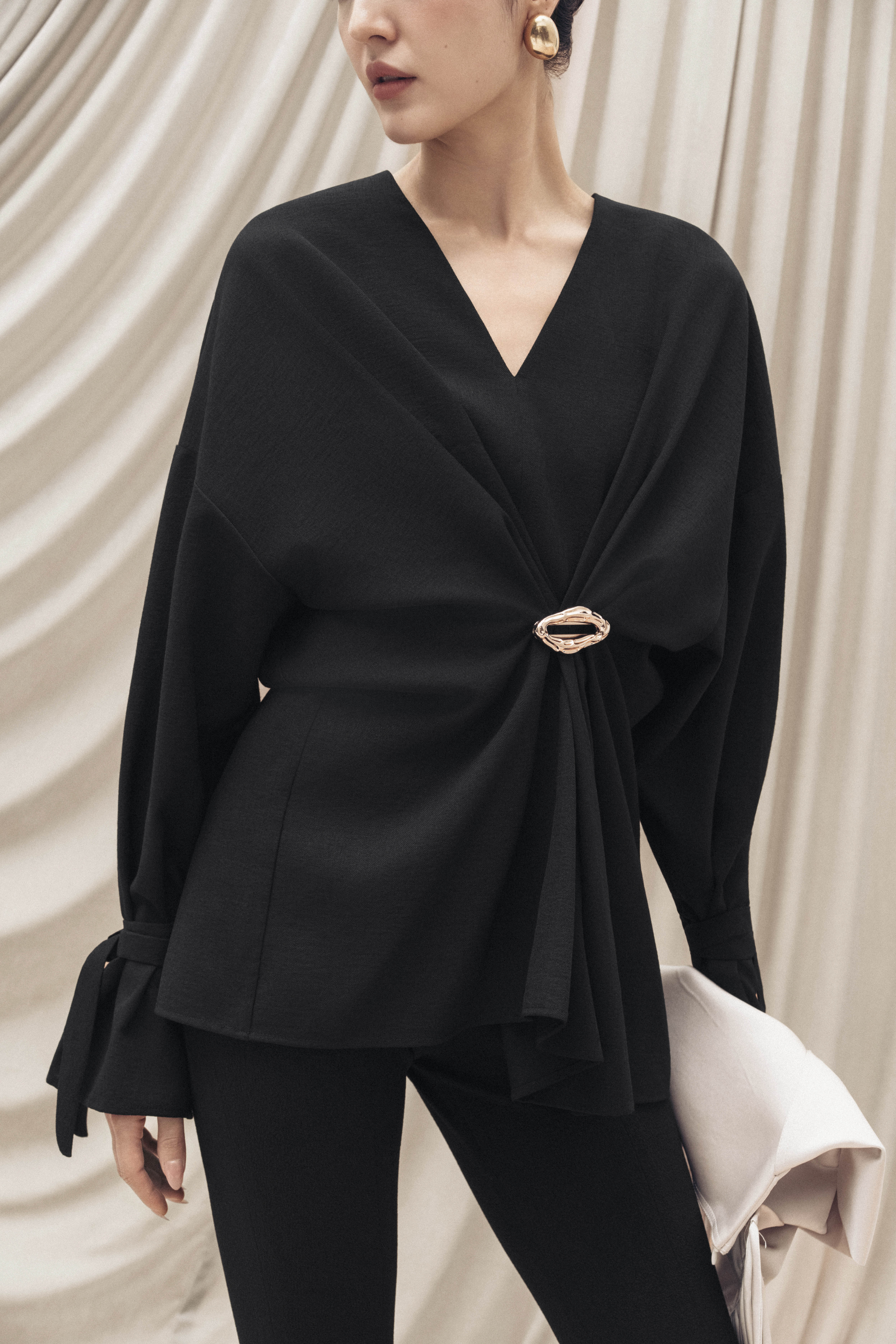 Ring-Gathered Draped Top & Pants in Black
