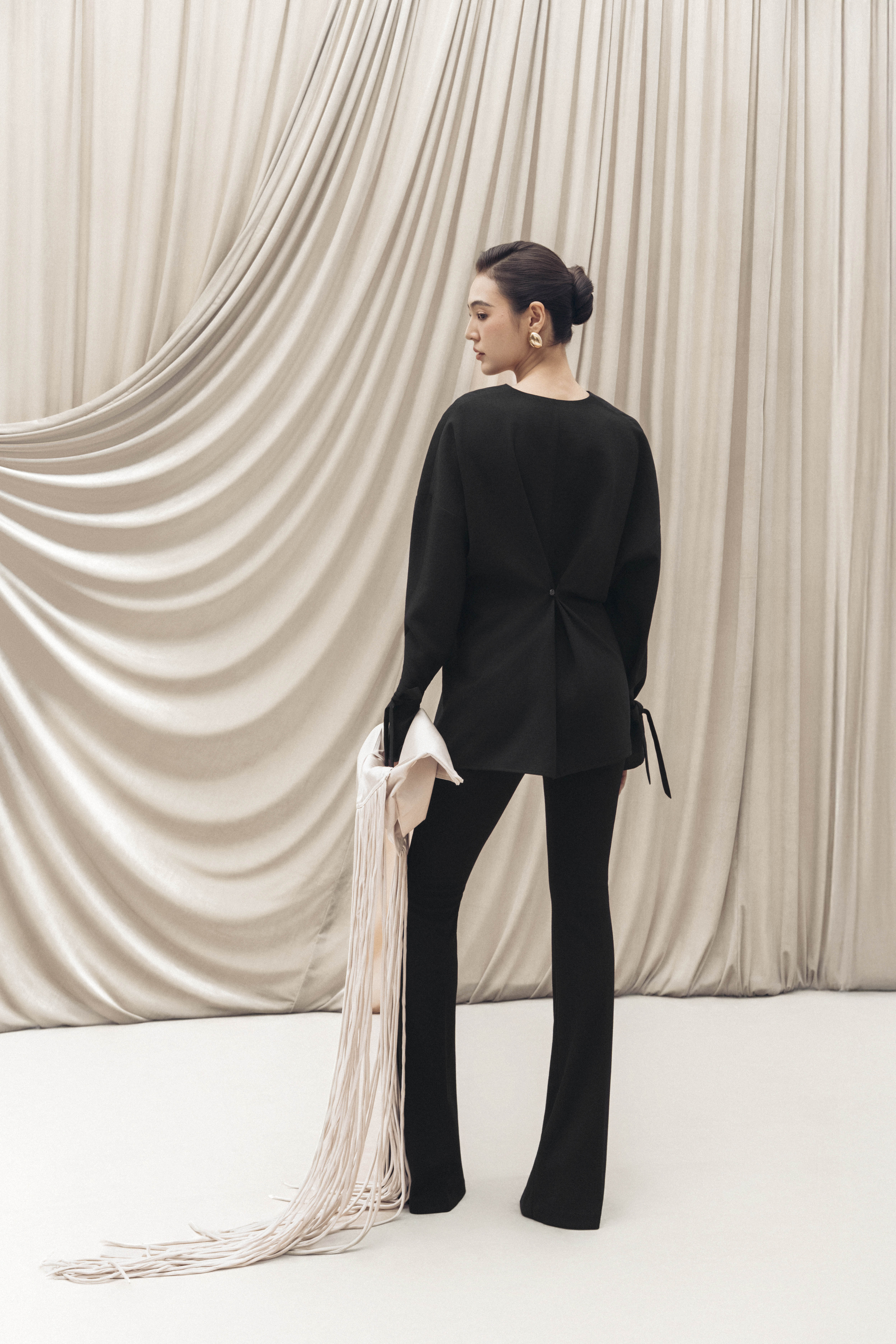 Ring-Gathered Draped Top & Pants in Black