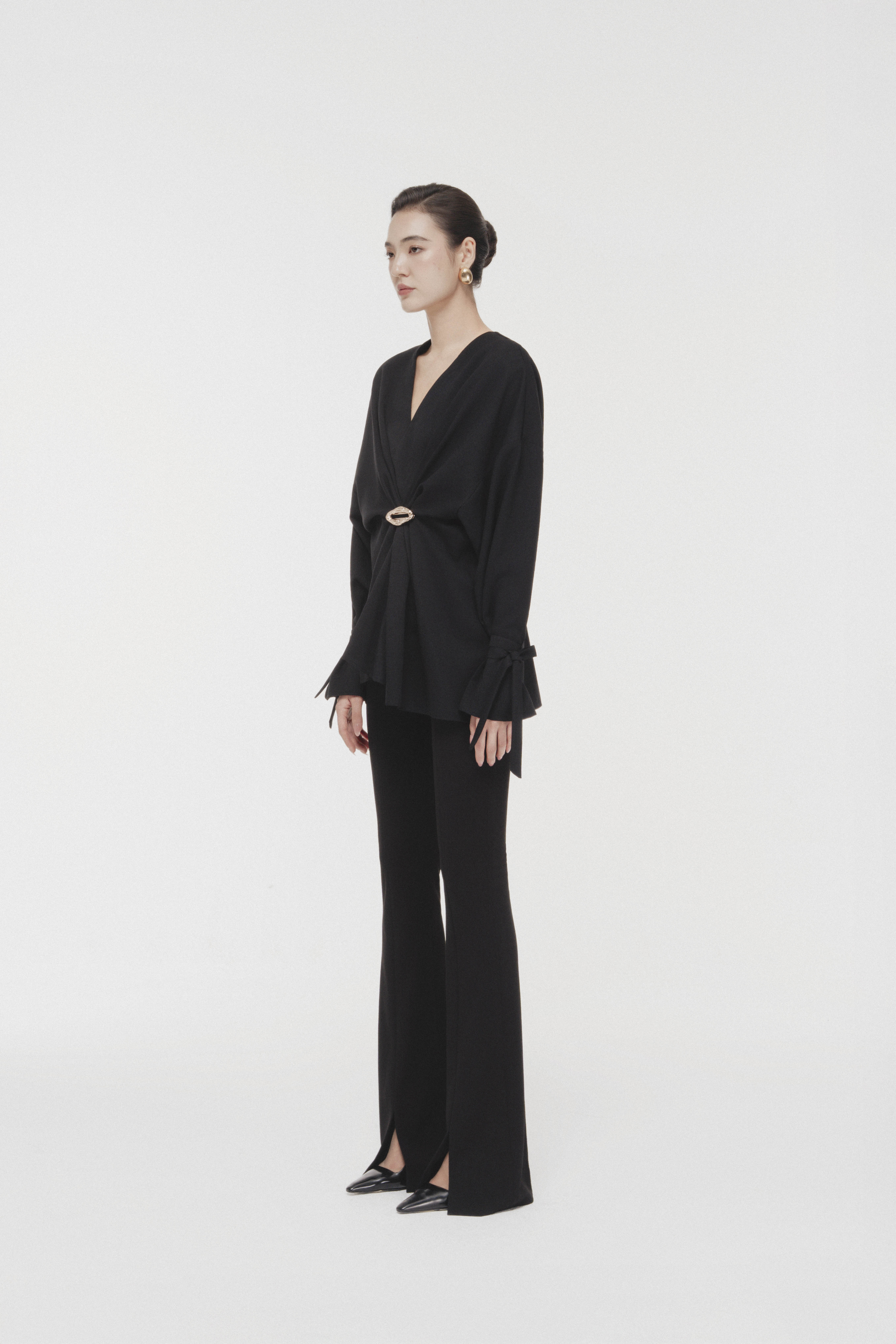 Ring-Gathered Draped Top & Pants in Black