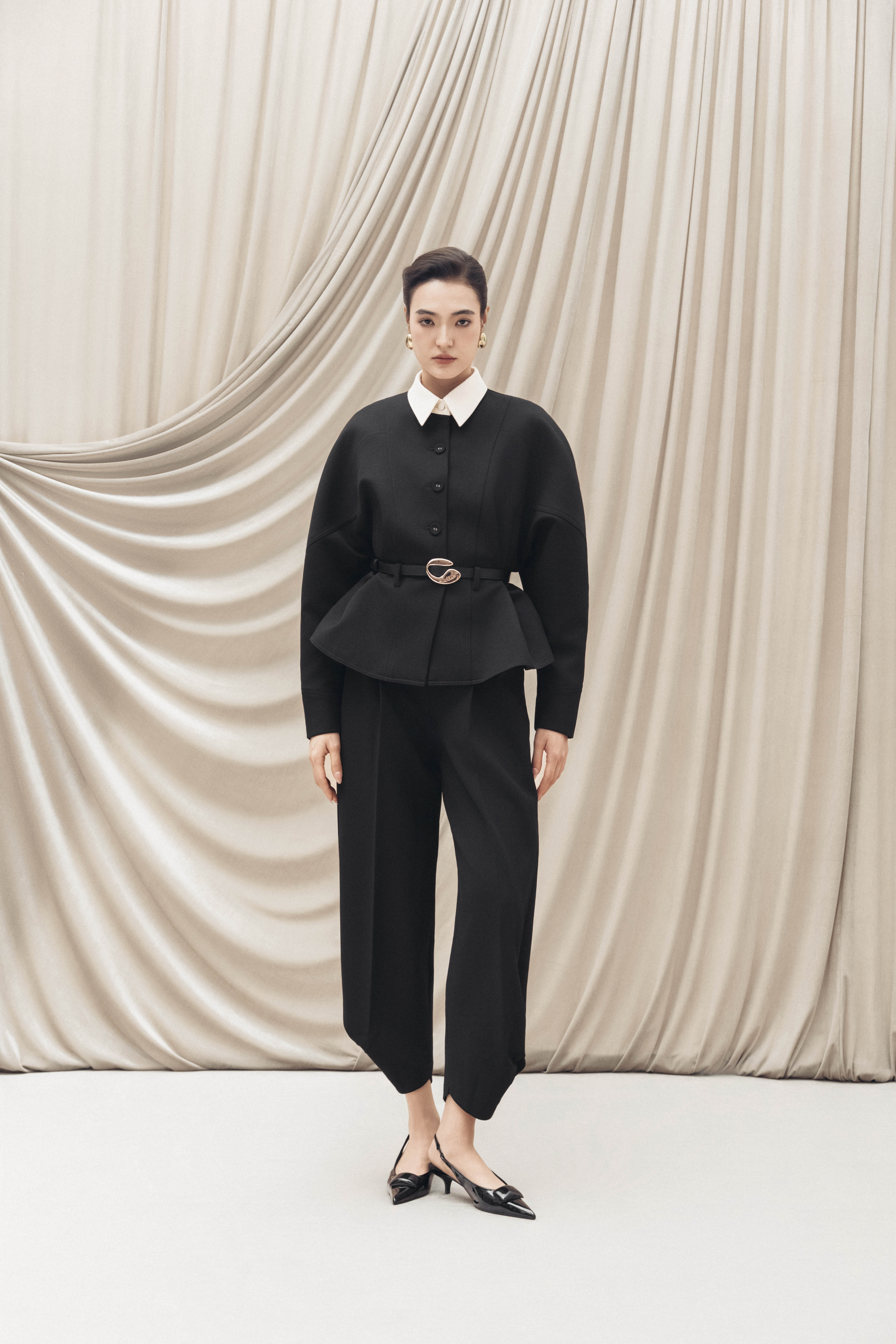 Quilted Structure Short Jacket & Pants in Black