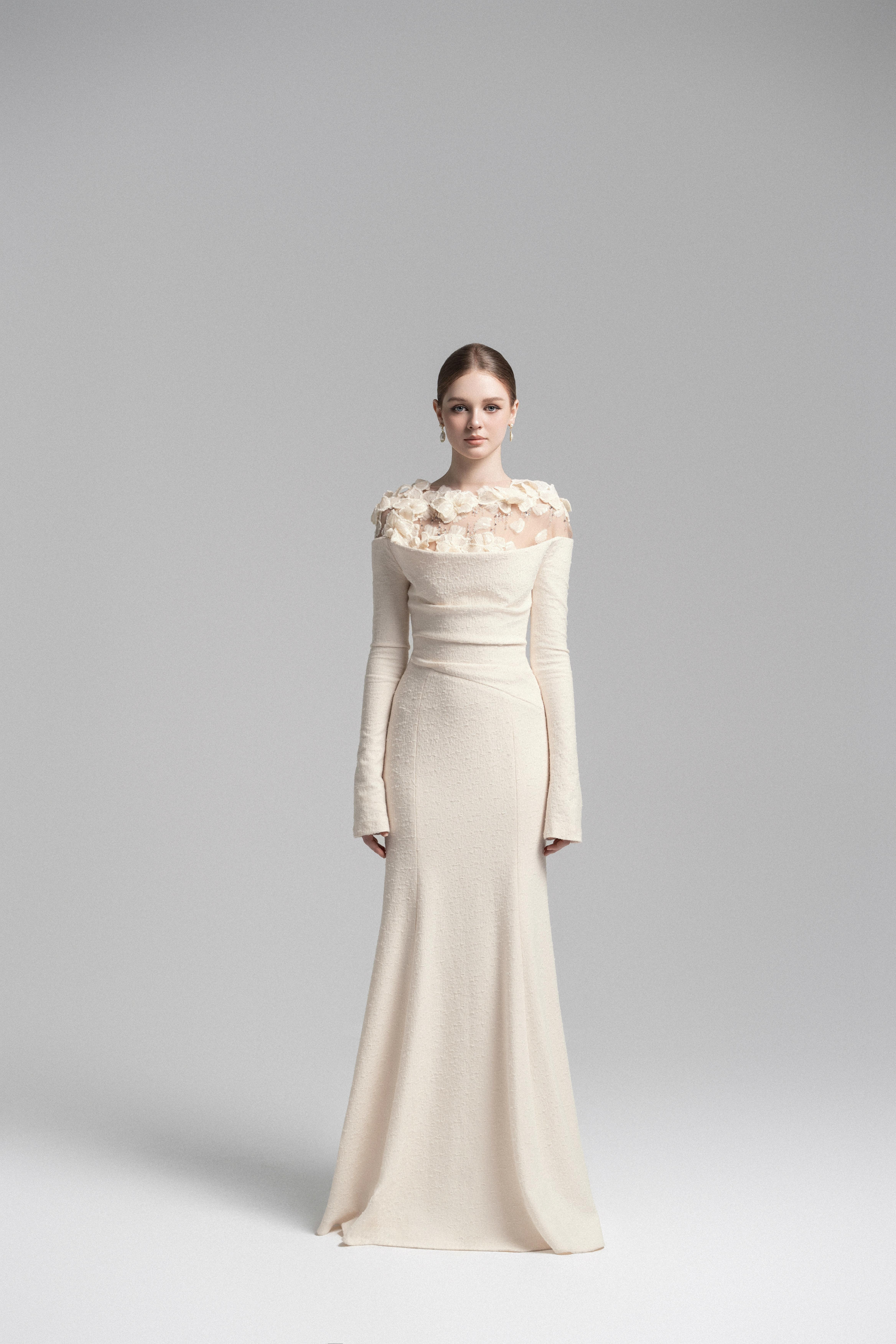 Celestia Draped Crystal Midi Dress in Cream