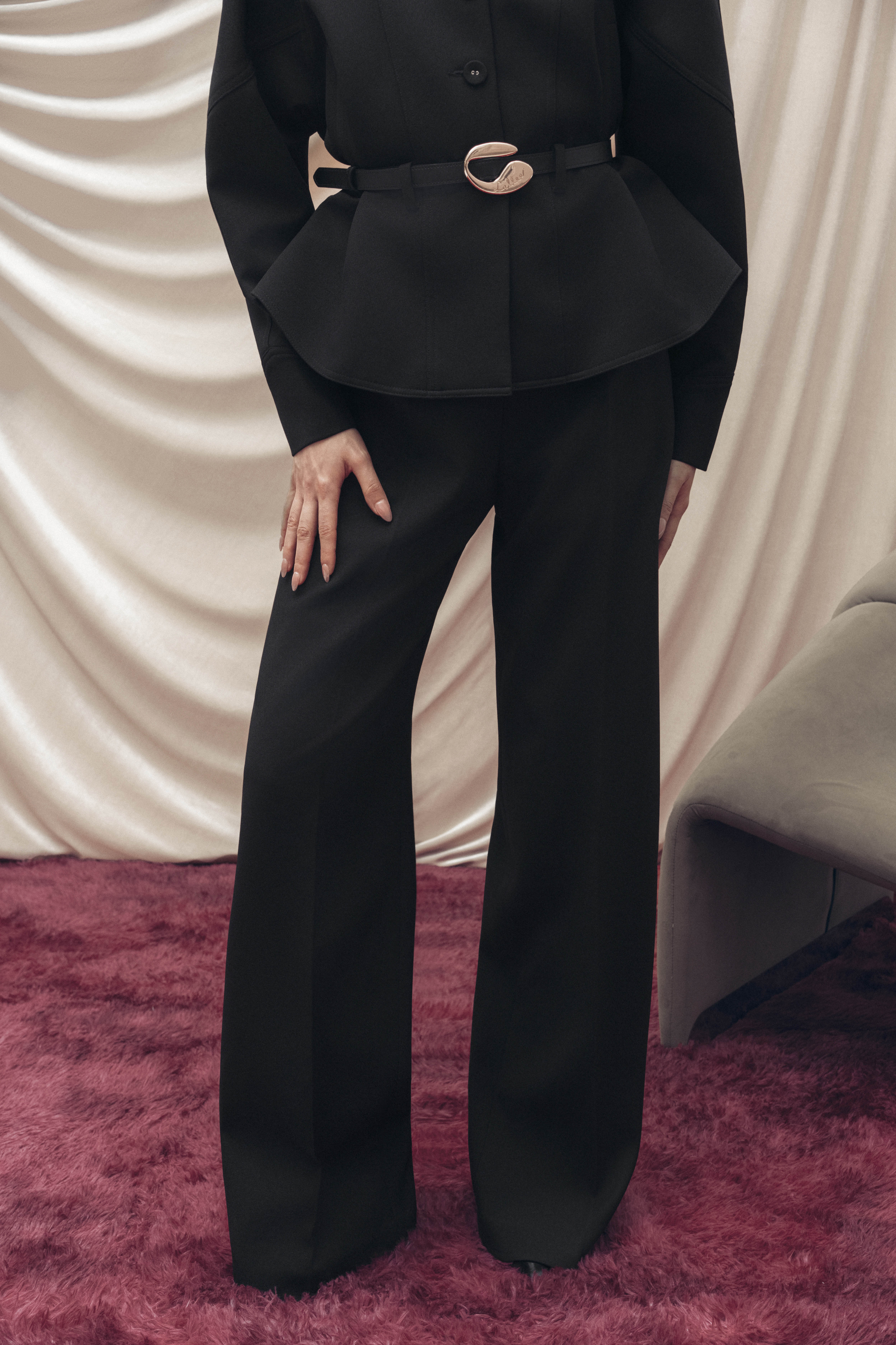 Quilted Structure Short Jacket & Leg Trousers in Black