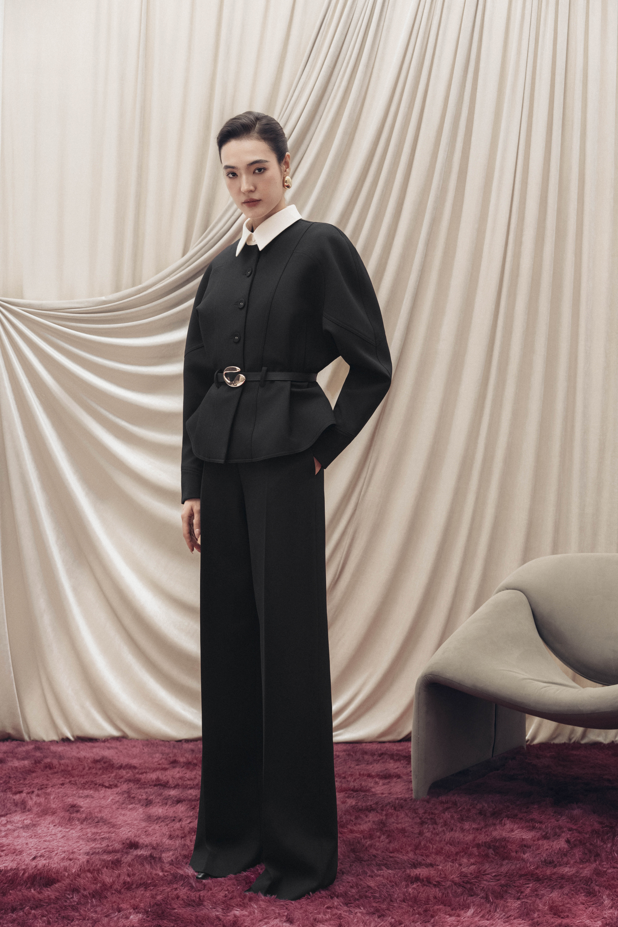 Quilted Structure Short Jacket & Leg Trousers in Black