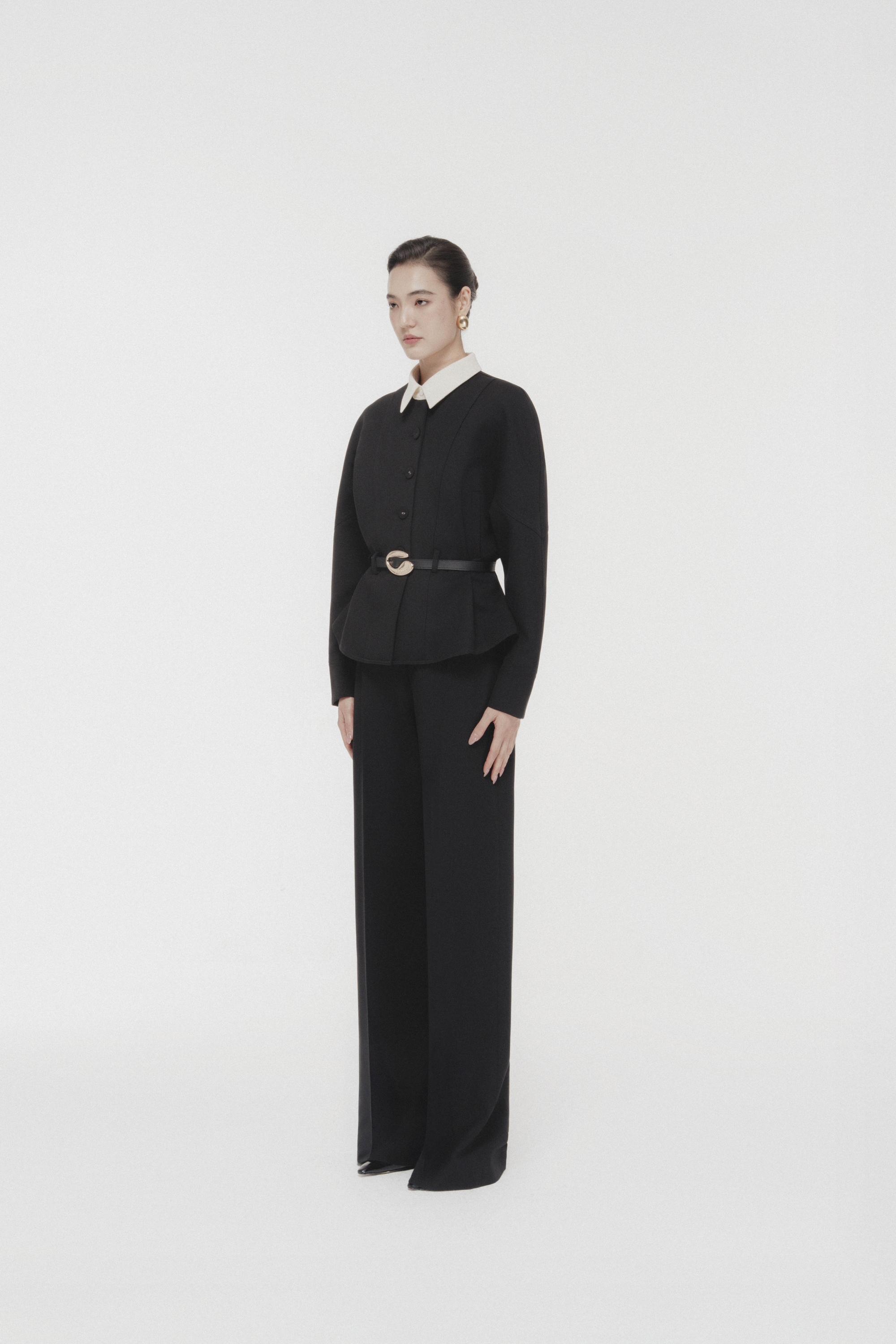 Quilted Structure Short Jacket & Leg Trousers in Black