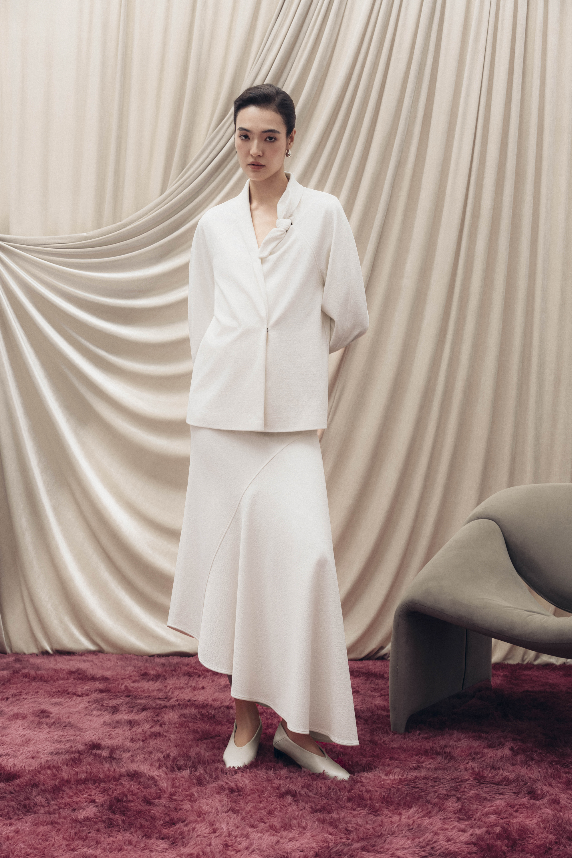 Asymmetric Bow Wrap Coat & Cut Midi Skirt in Cream