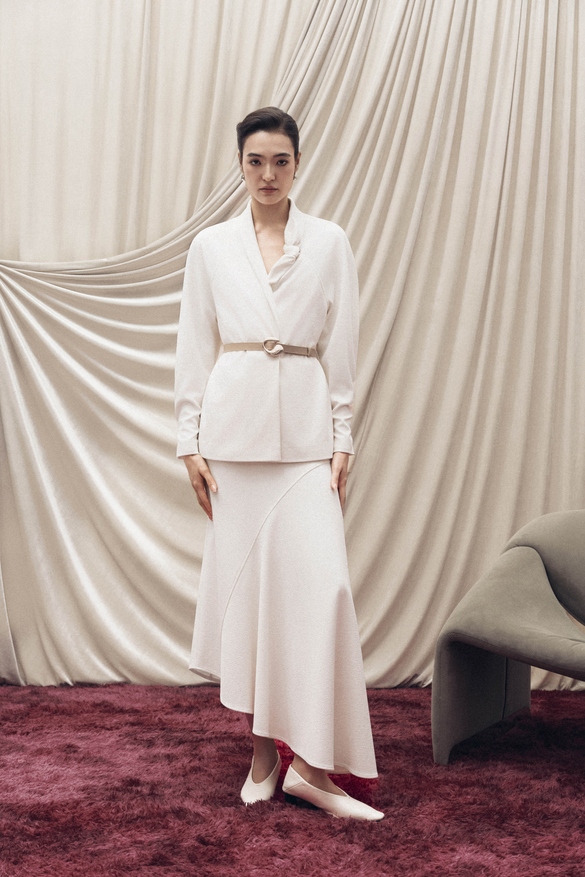 Asymmetric Bow Wrap Coat & Cut Midi Skirt in Cream