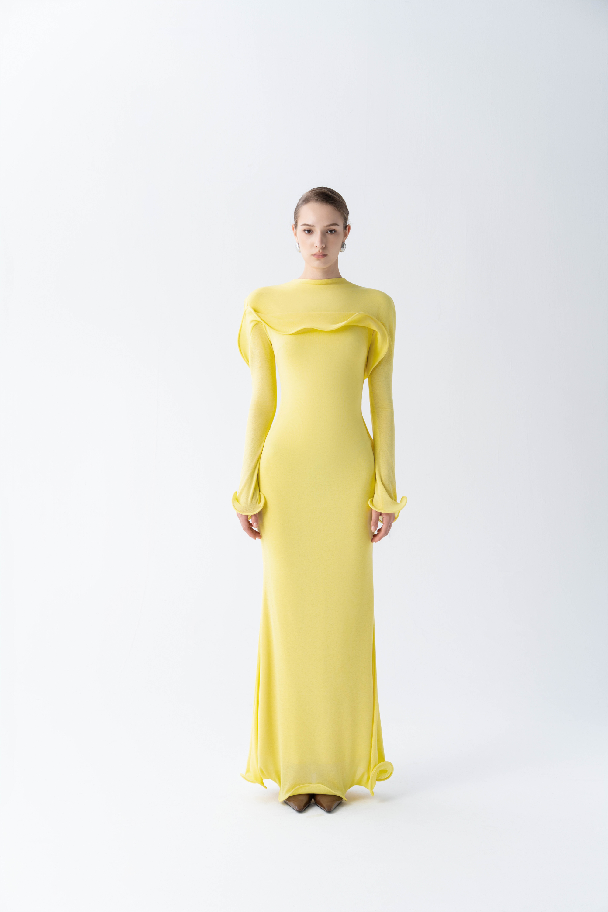 Cascade Ruffle Midi Dress - Mermaid Gown High Neckline Cascade Ruffle Midi Dress - Mermaid Gown High Neckline