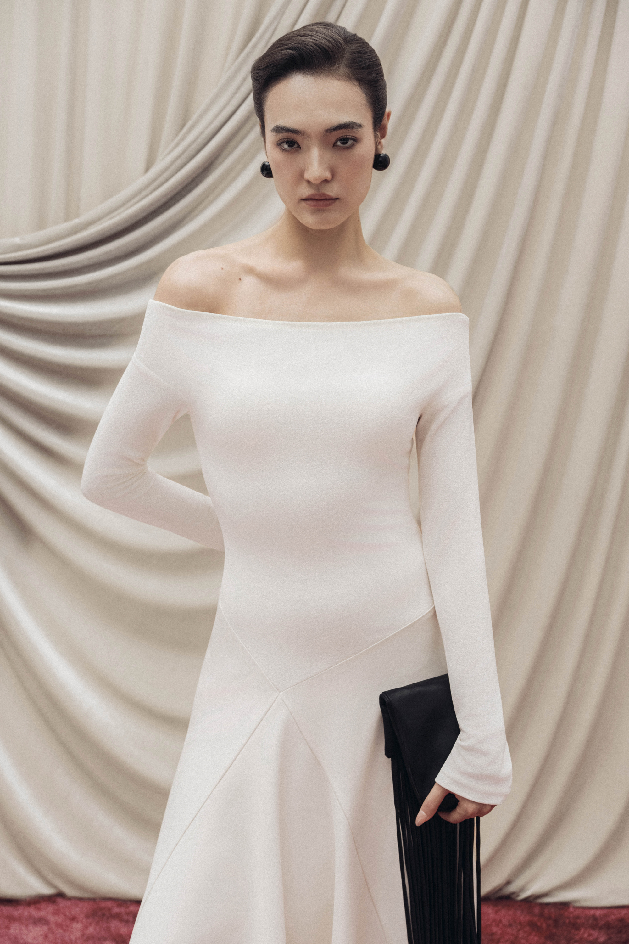 Asymmetric Off-Shoulder A-Line Midi in Cream