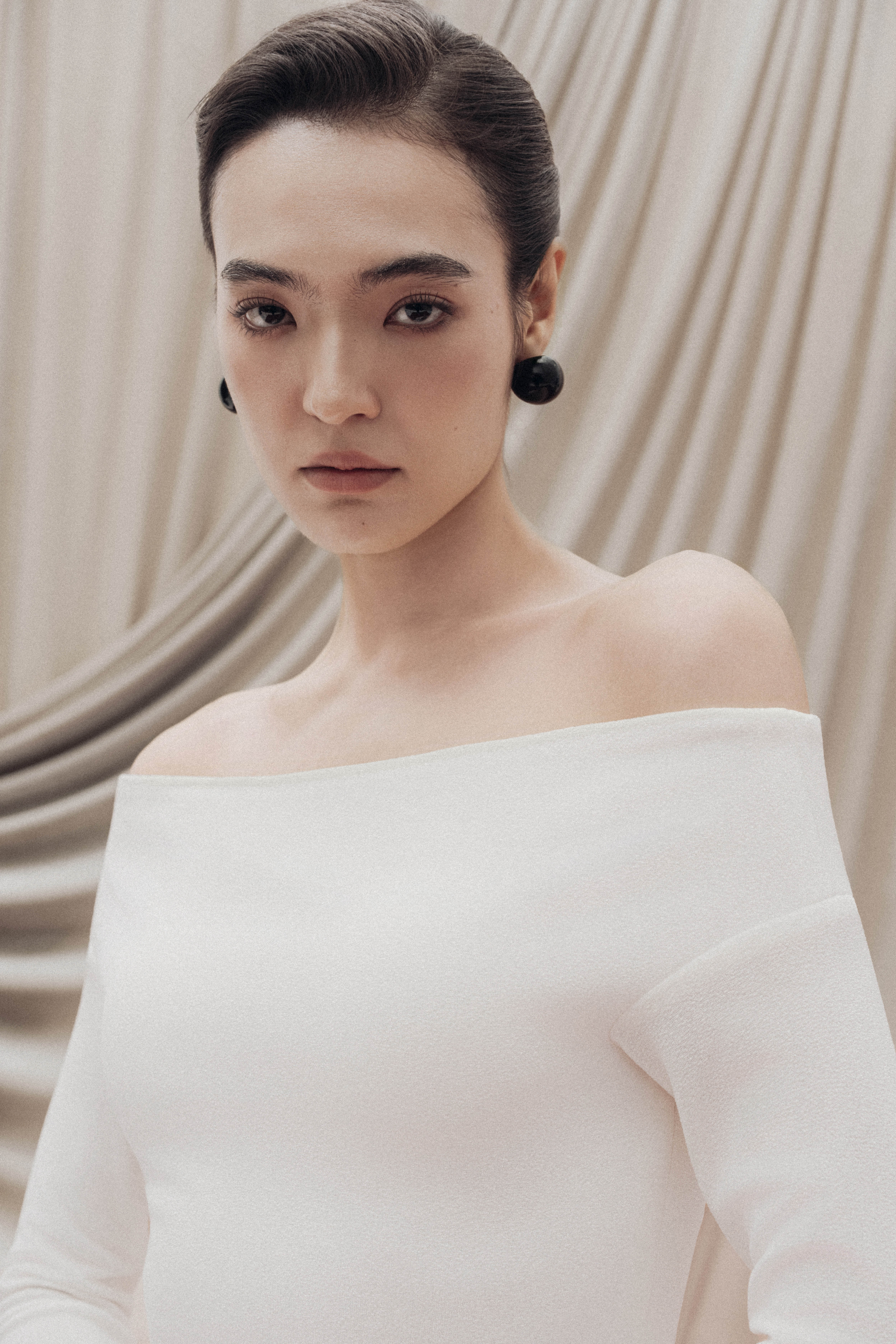 Asymmetric Off-Shoulder A-Line Midi in Cream