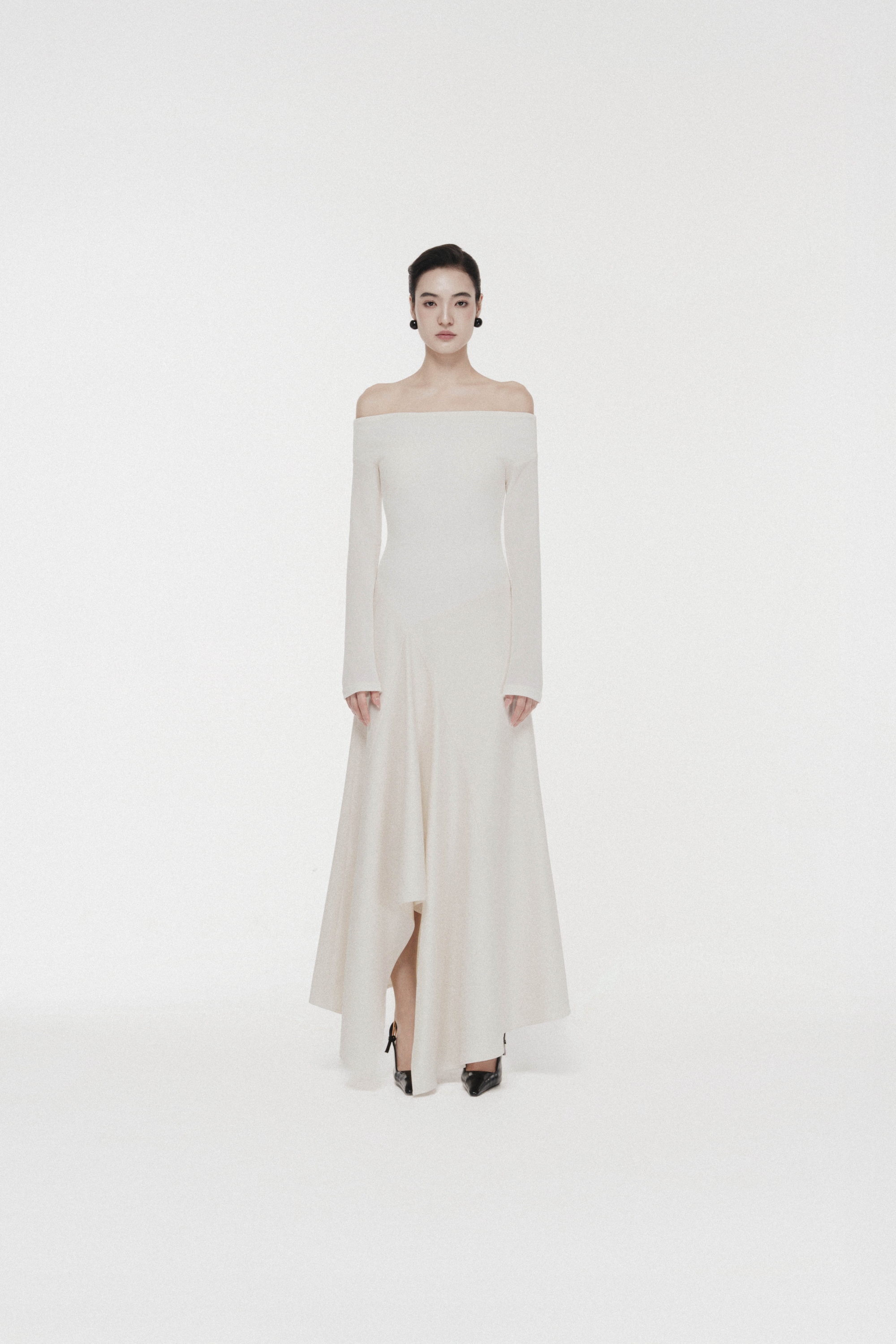 Asymmetric Off-Shoulder A-Line Midi in Cream