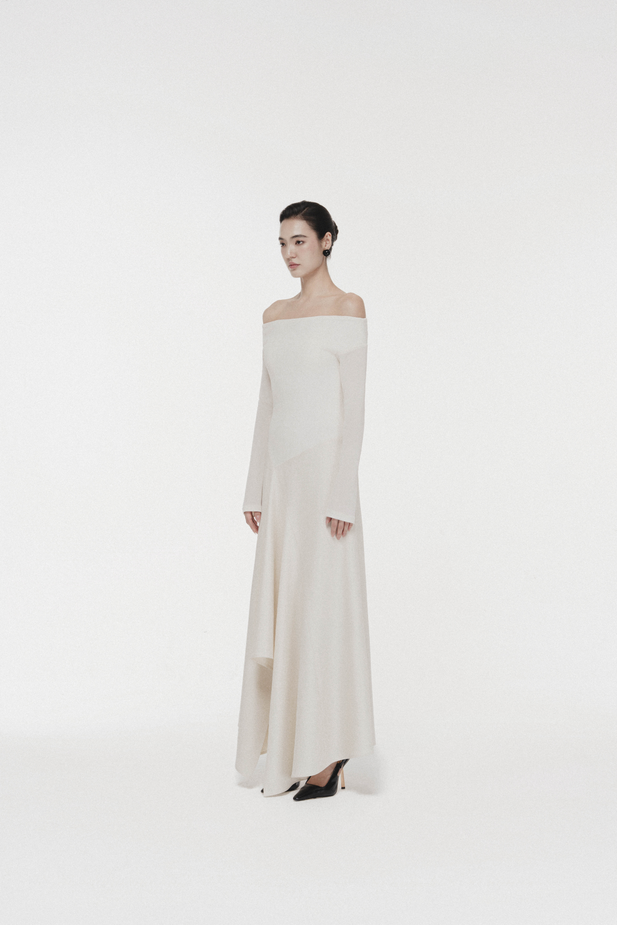 Asymmetric Off-Shoulder A-Line Midi in Cream