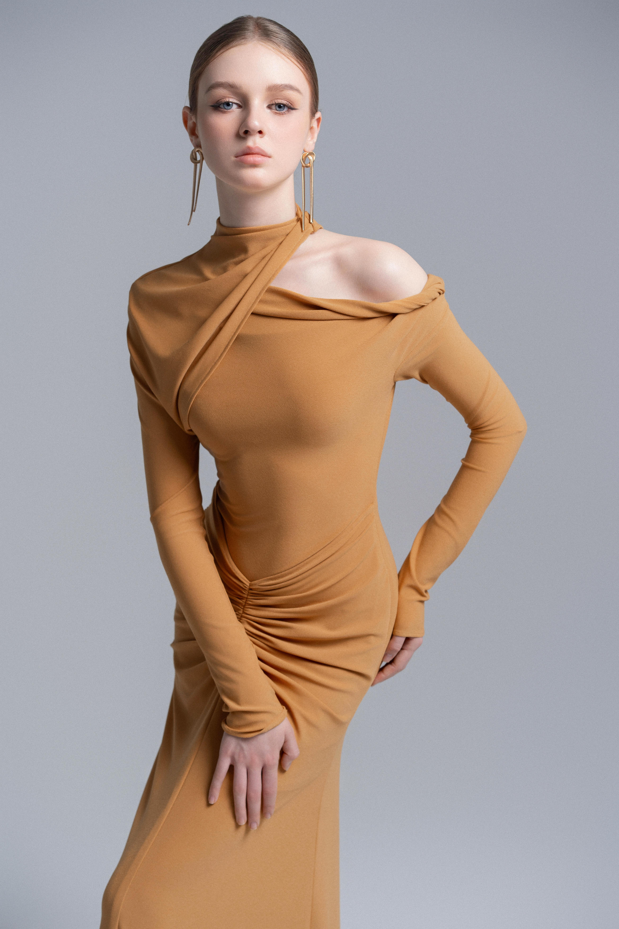 Marigold Halter Draped Dress VL1015