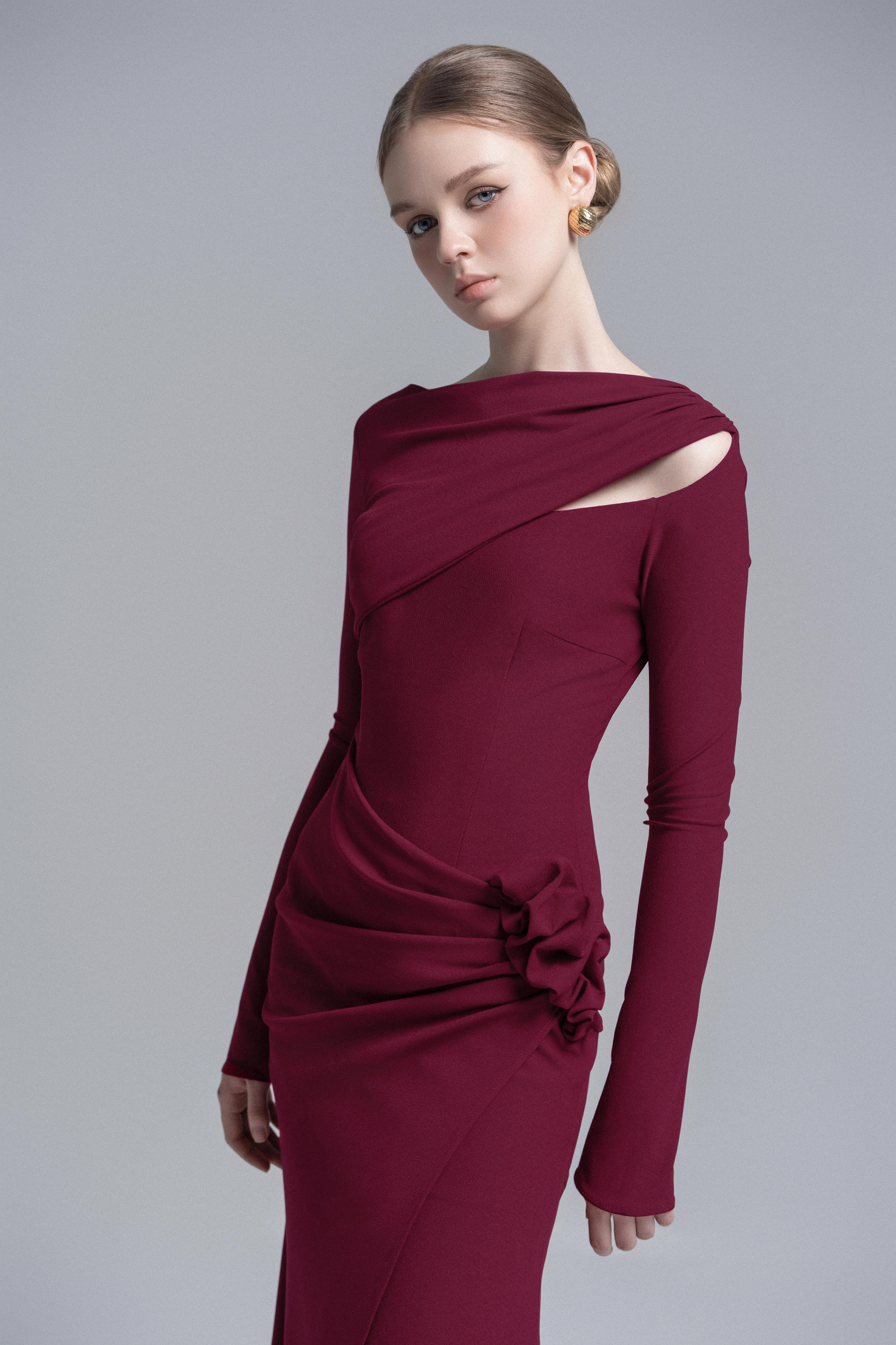 Claret 3D Floral Mermaid Dress