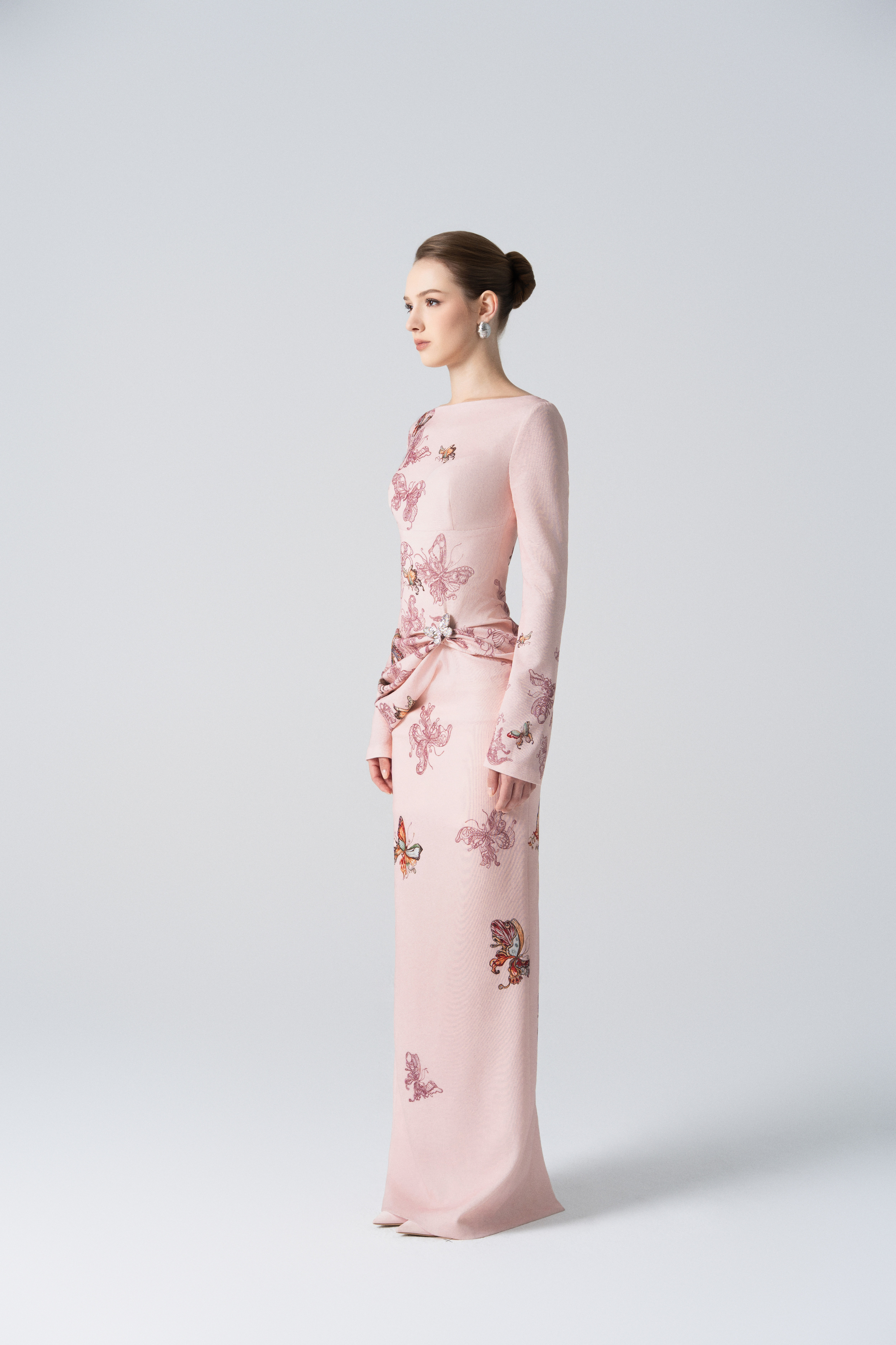 Butterfly Veil Pencil Dress in Almond Oil