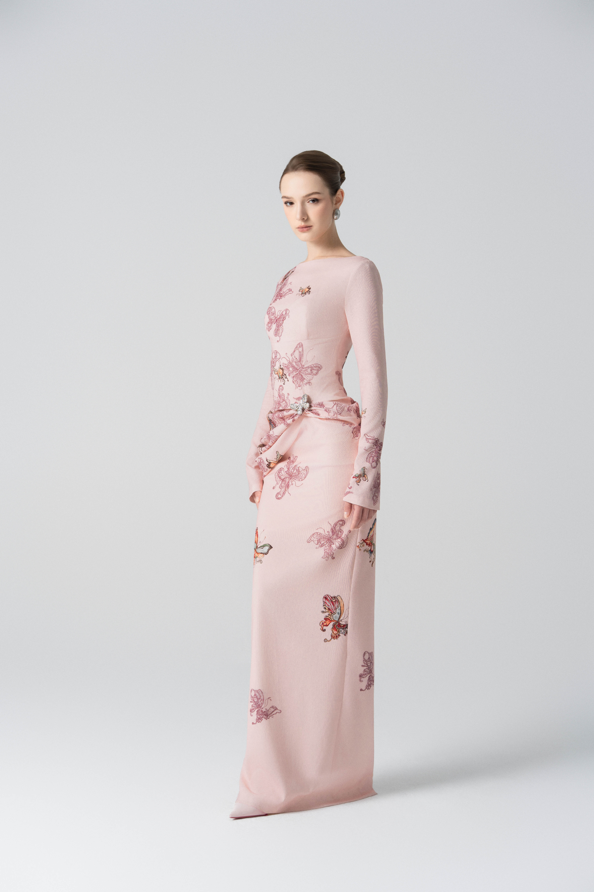 Butterfly Veil Pencil Dress in Almond Oil