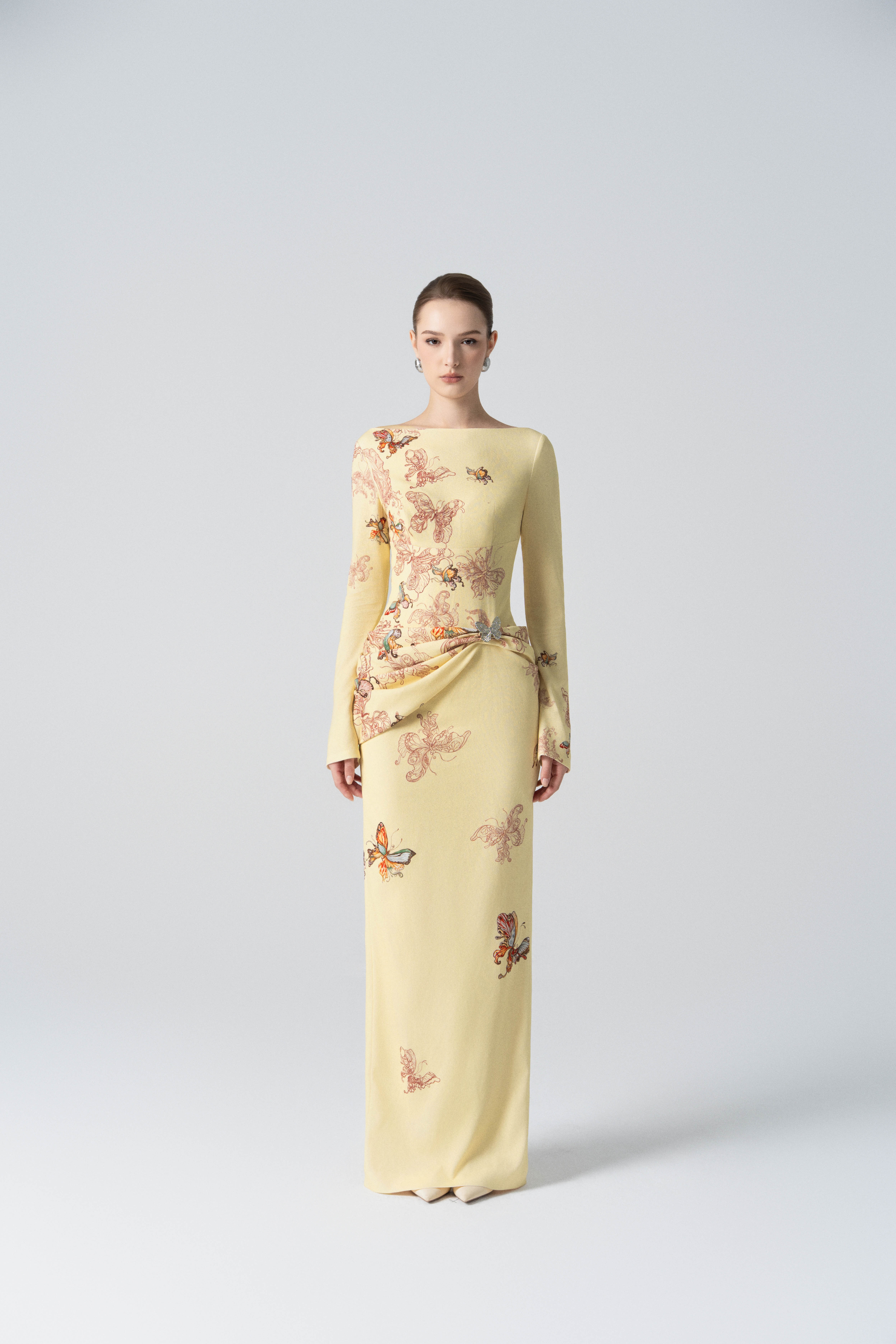 Butterfly Veil Pencil Dress in Almond Oil