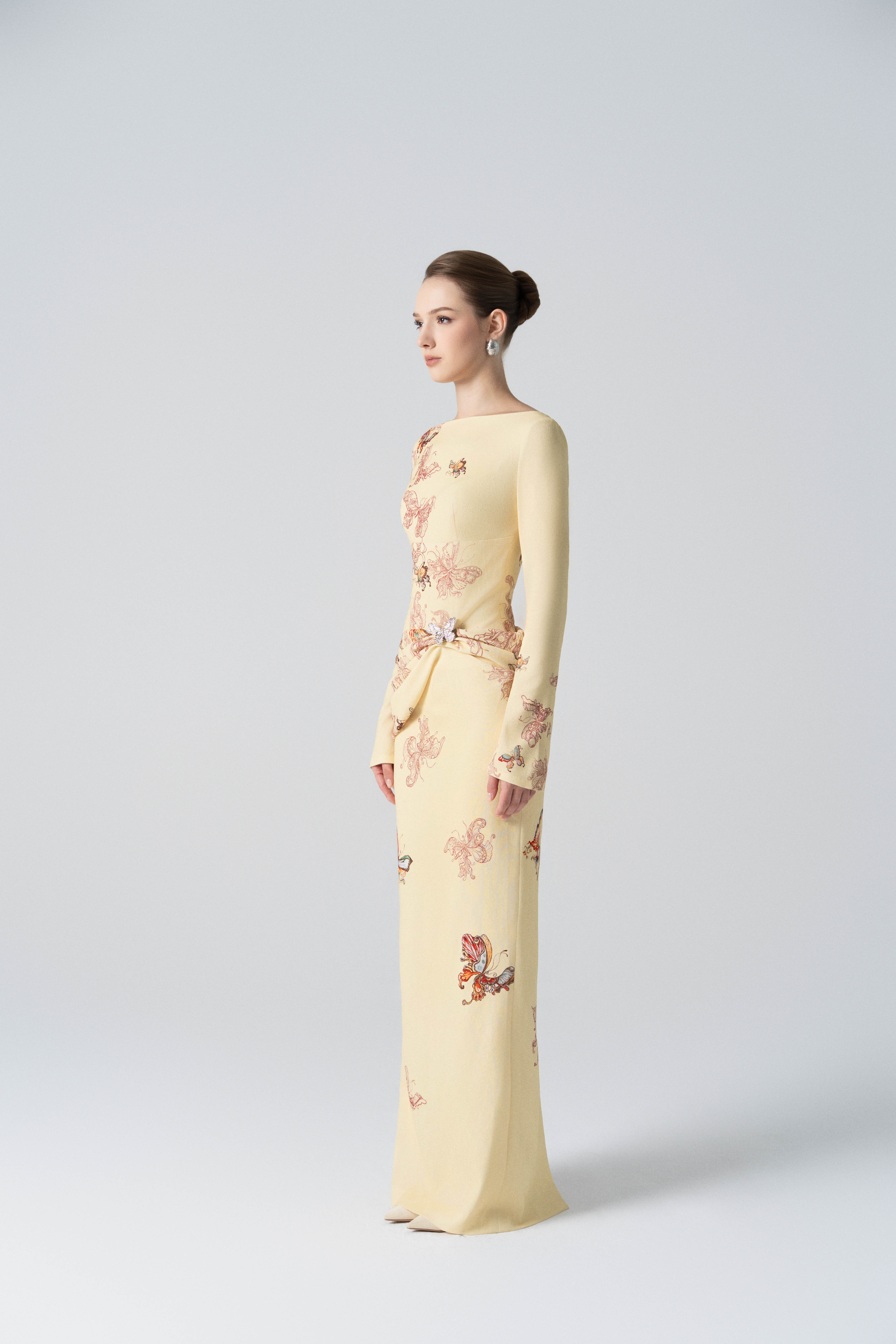 Butterfly Veil Pencil Dress in Almond Oil