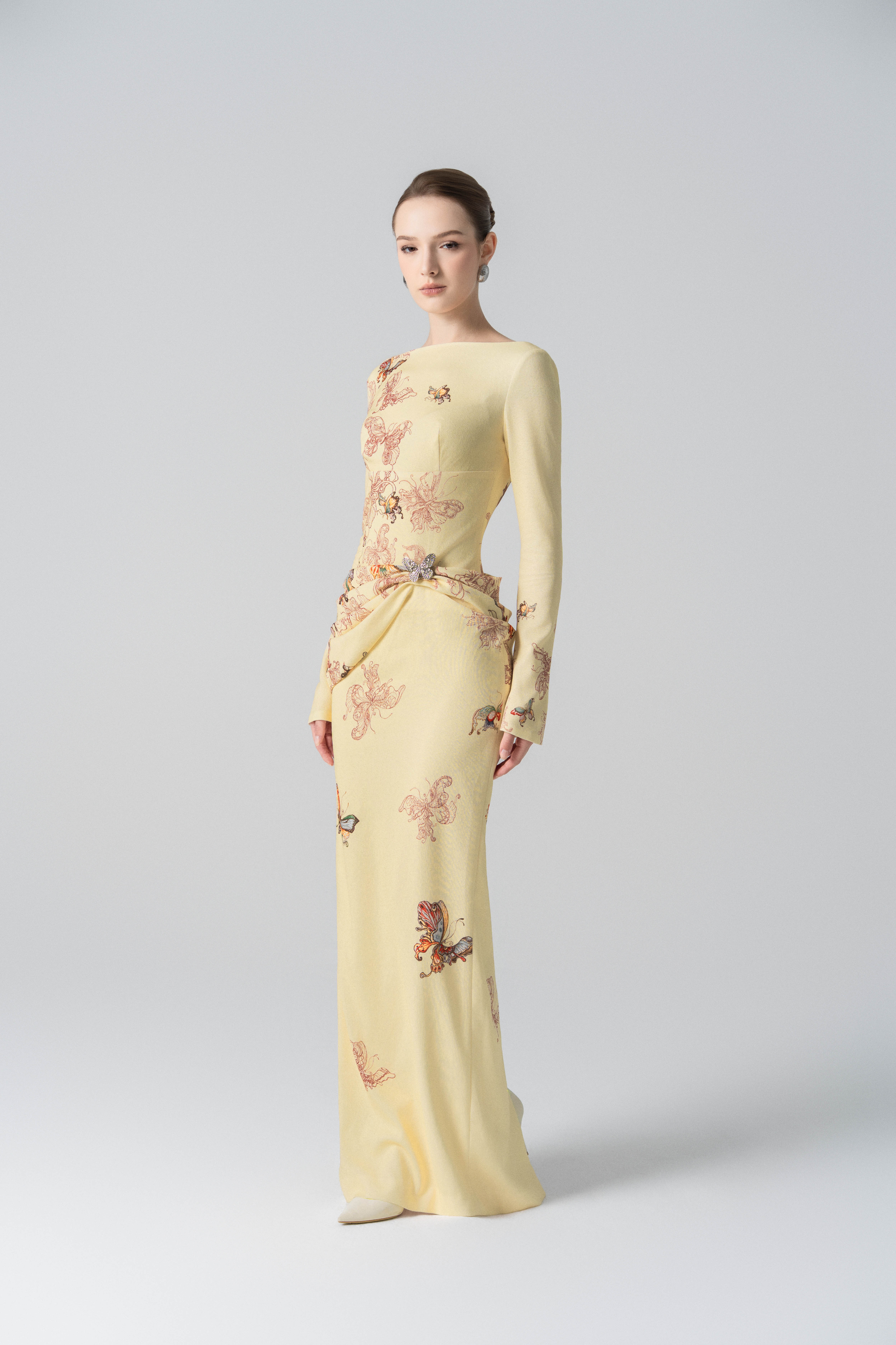 Butterfly Veil Pencil Dress in Almond Oil