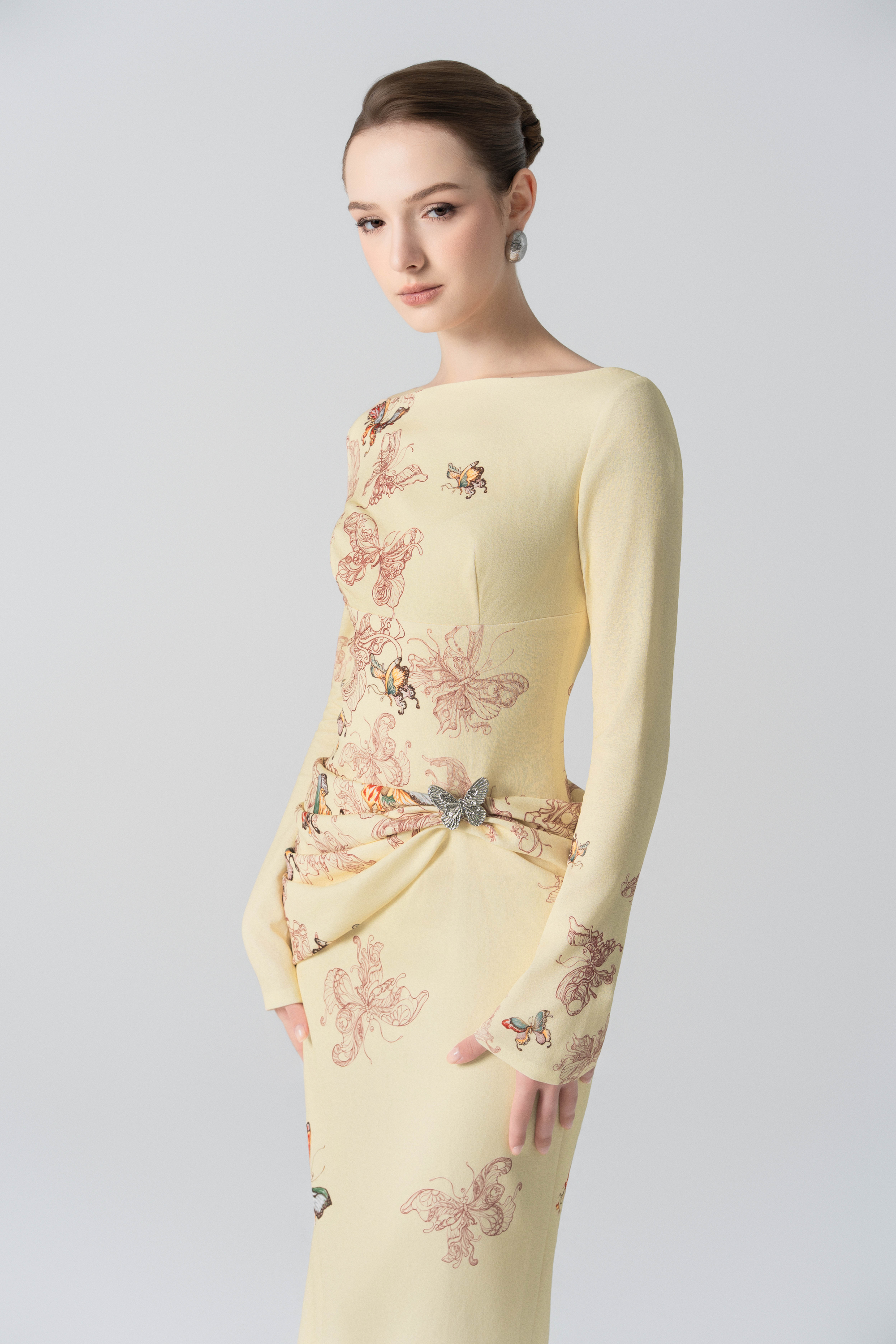 Butterfly Veil Pencil Dress in Almond Oil