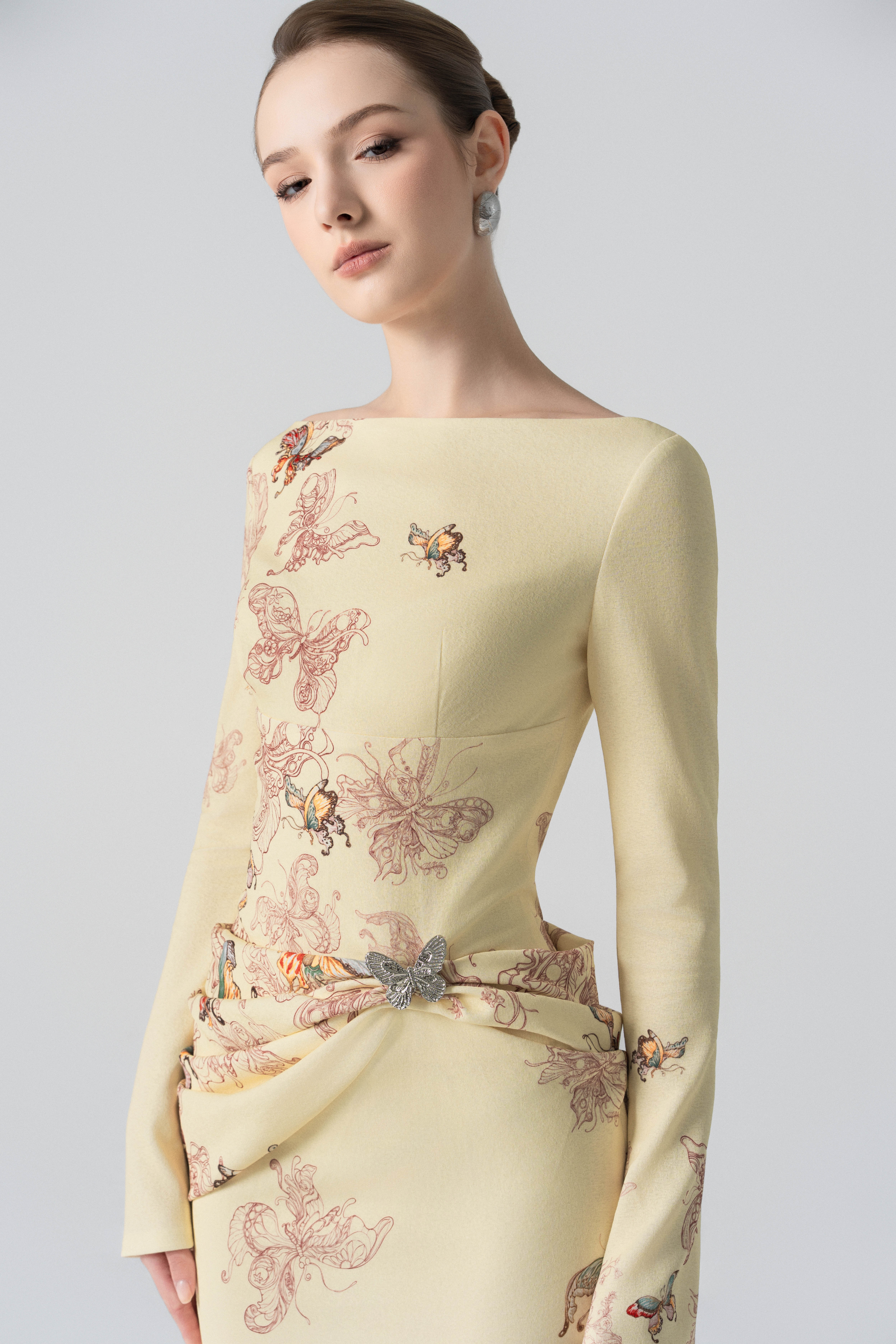 Butterfly Veil Pencil Dress in Almond Oil