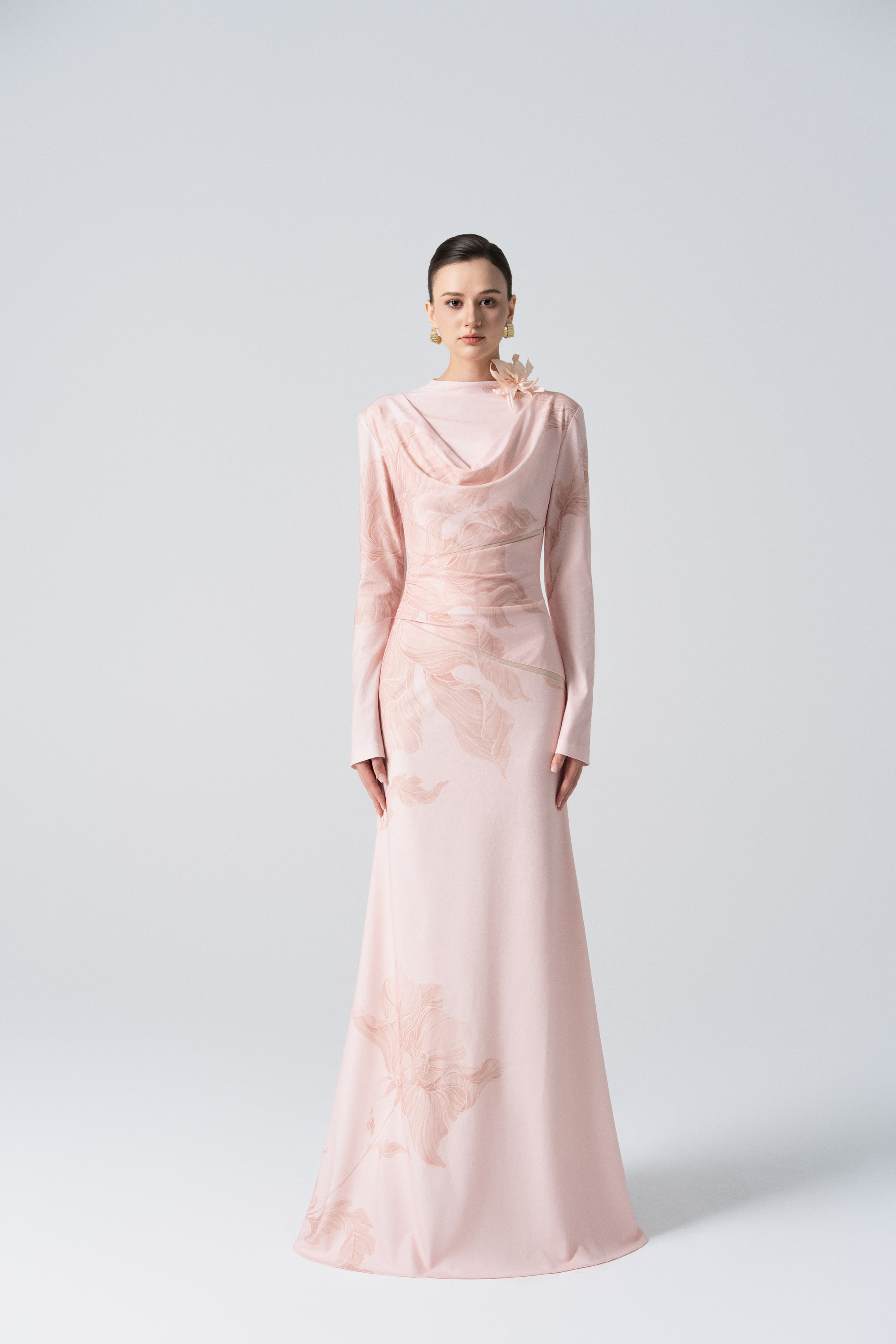 Blossom Drift Fishtail Gown in Pale Peach