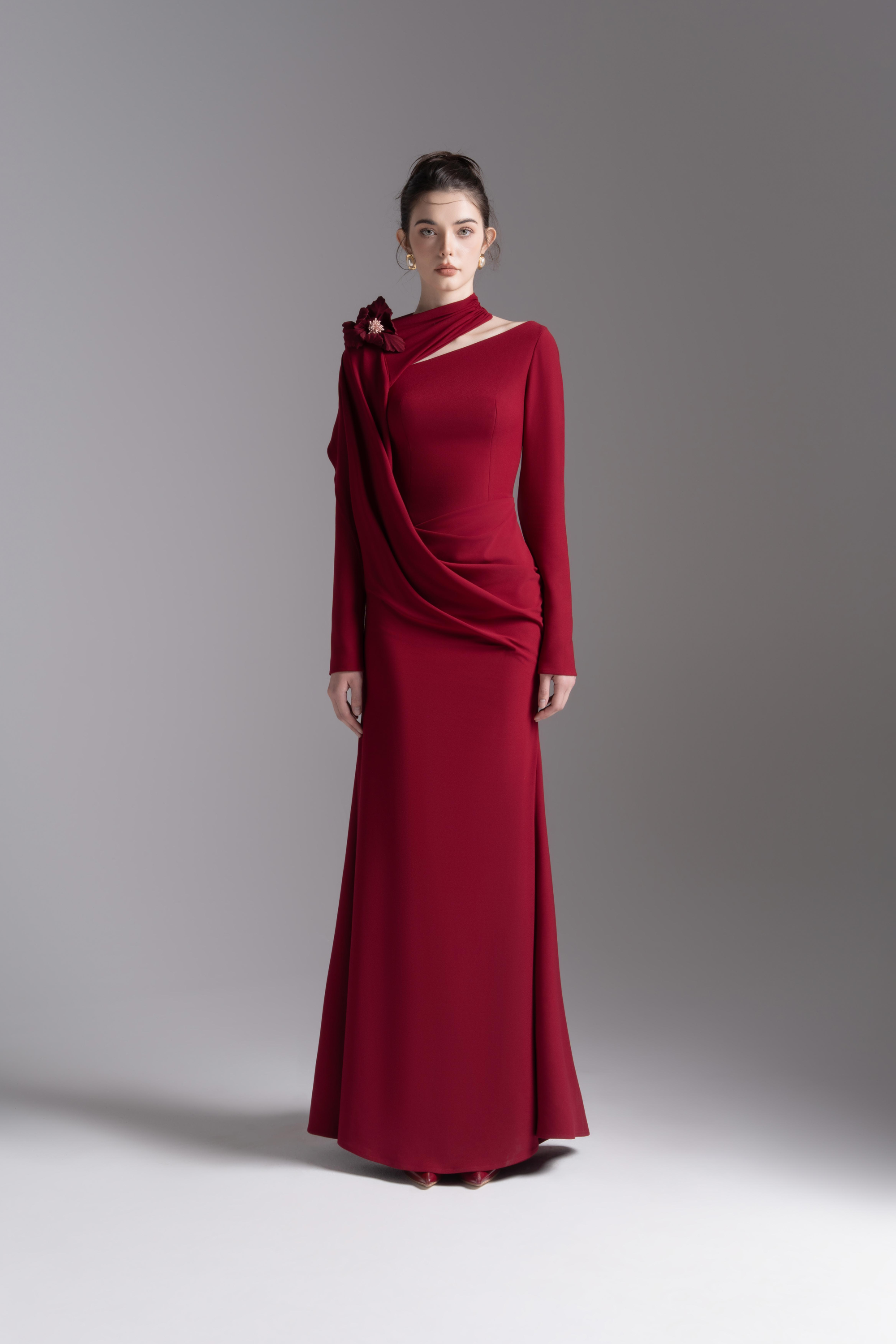 Bloom Asymmetry Dress in Dark Ruby