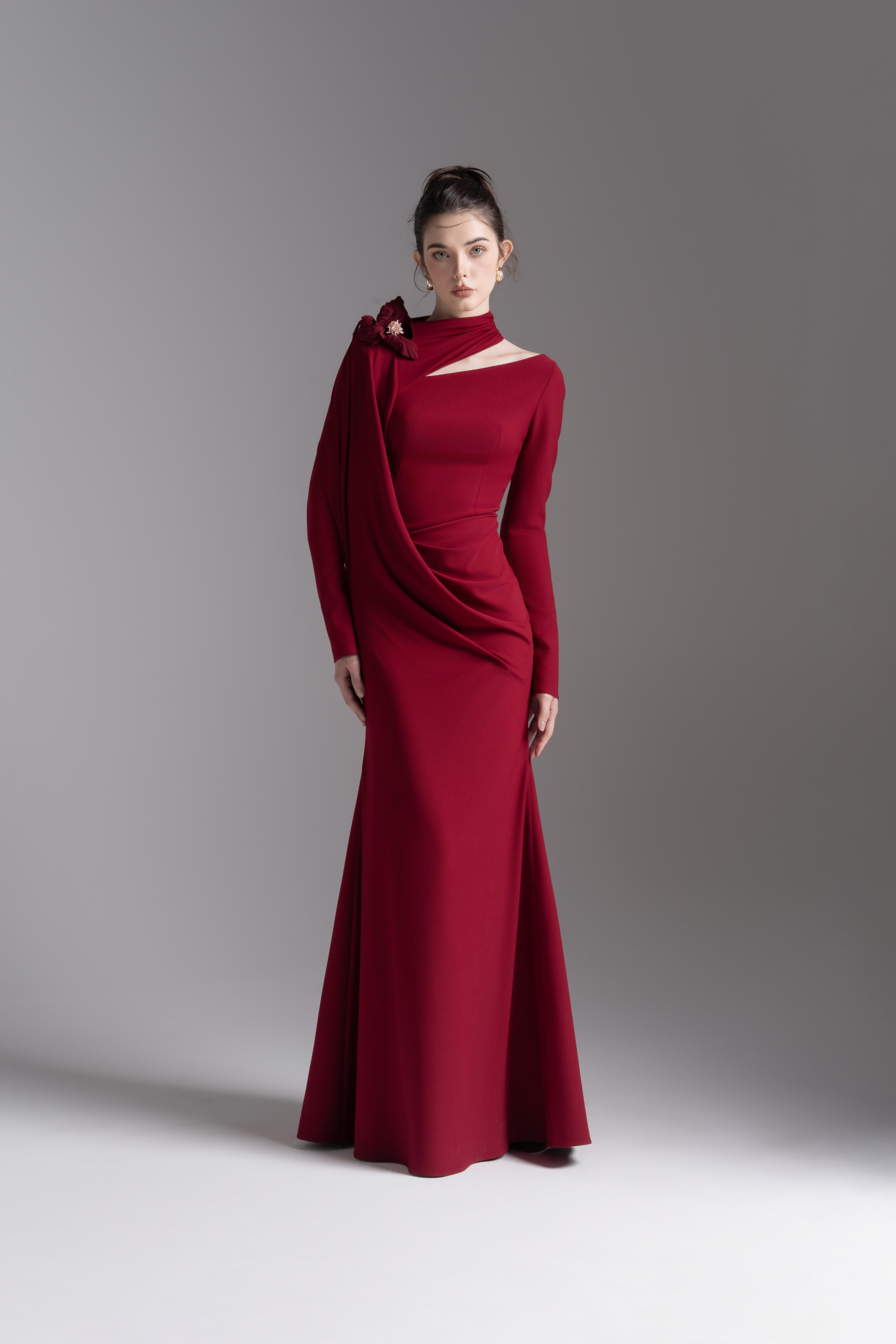 Bloom Asymmetry Dress in Dark Ruby