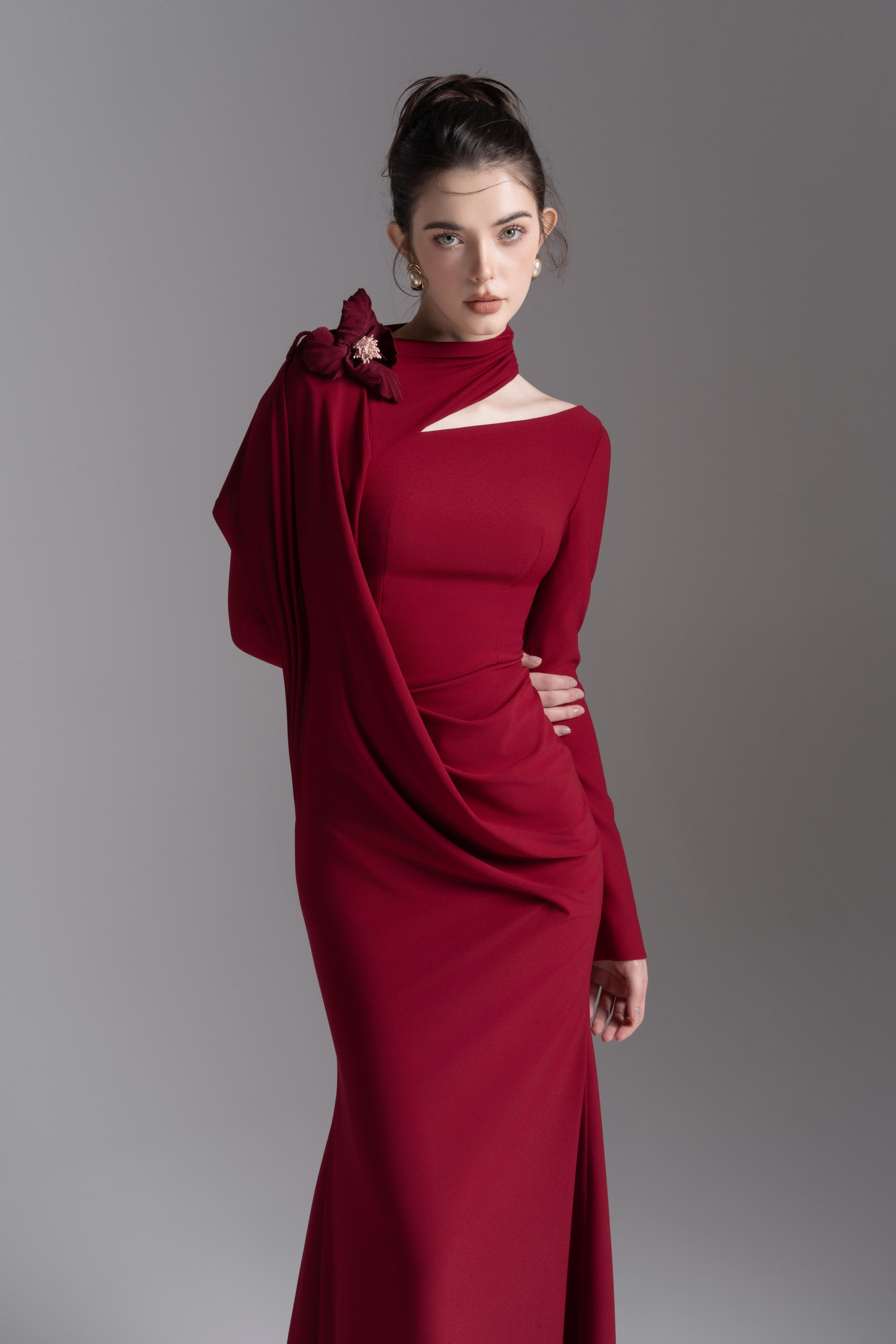 Bloom Asymmetry Dress in Dark Ruby