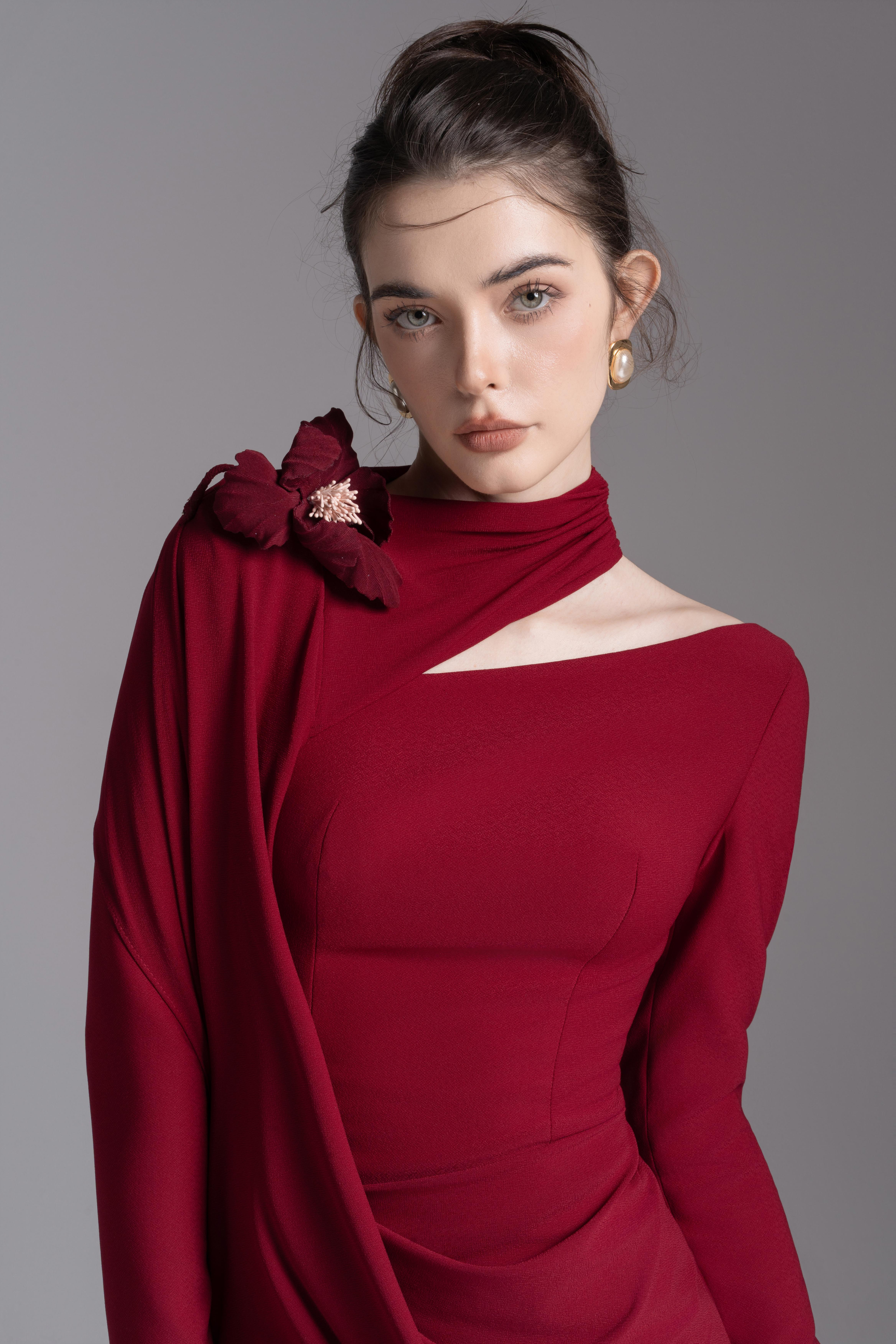 Bloom Asymmetry Dress in Dark Ruby