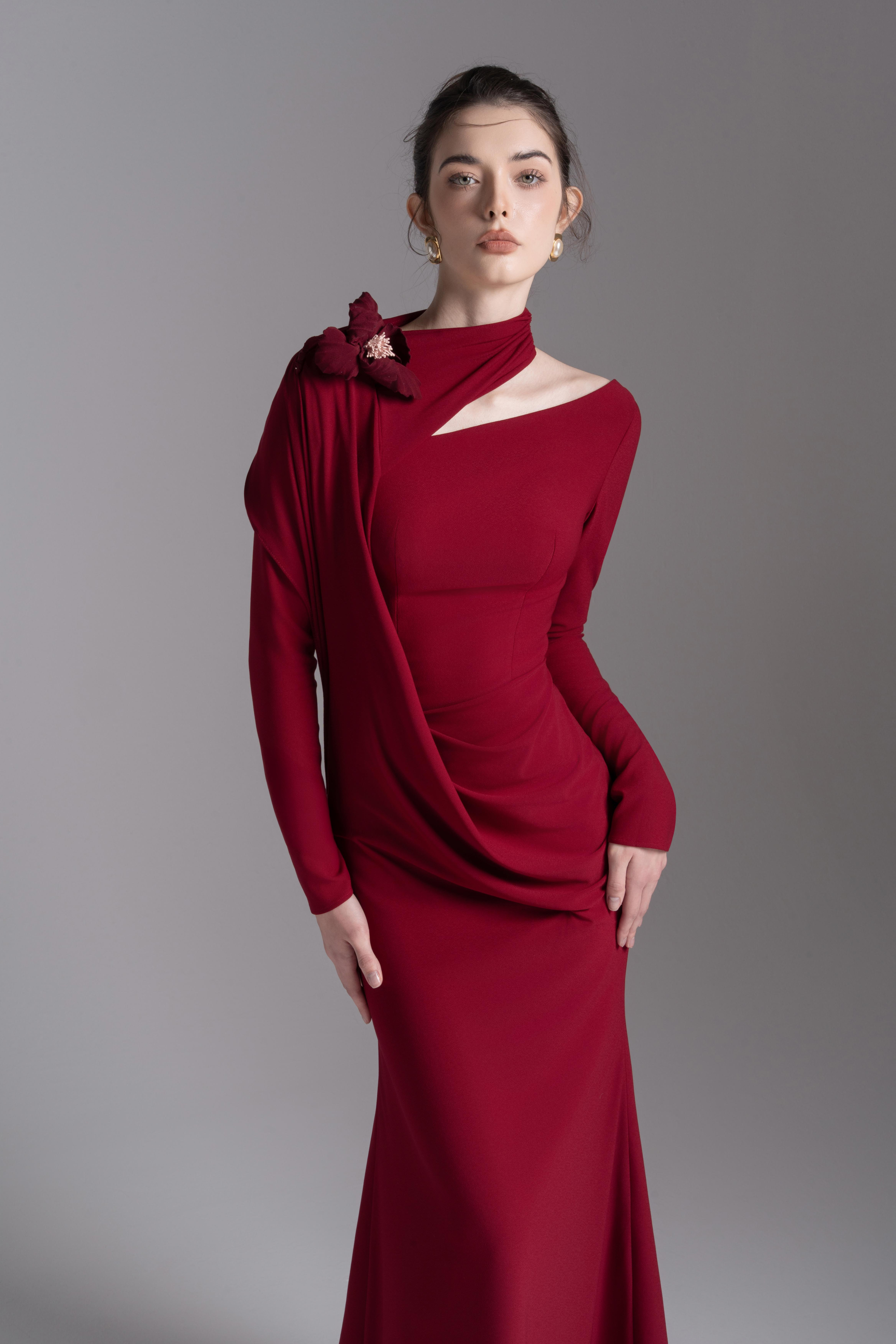 Bloom Asymmetry Dress in Dark Ruby